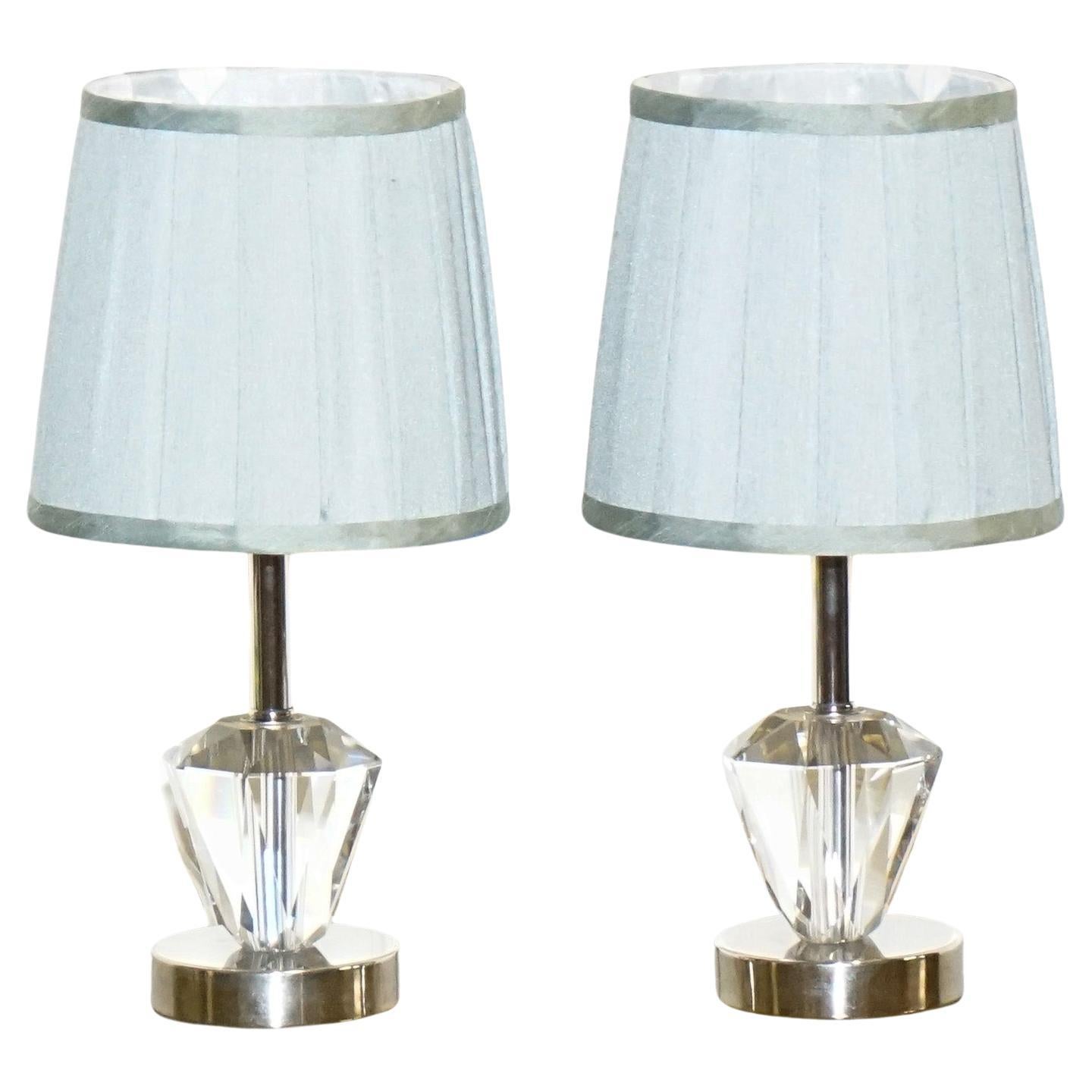 LOVELY PAIR OF DIAMOND GLASS DESIGN ON STAiNLESS STEEL BASE BABY BLUE SHADES For Sale