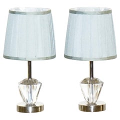 LOVELY PAIR OF DIAMOND GLASS DESIGN ON STAiNLESS STEEL BASE BABY BLUE SHADES