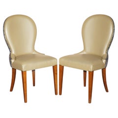 LOVELY PAIR OF ENGLISH ELM CONTEMPORARY HALL CHAiRS WITH DAMASK UPHOLSTERY