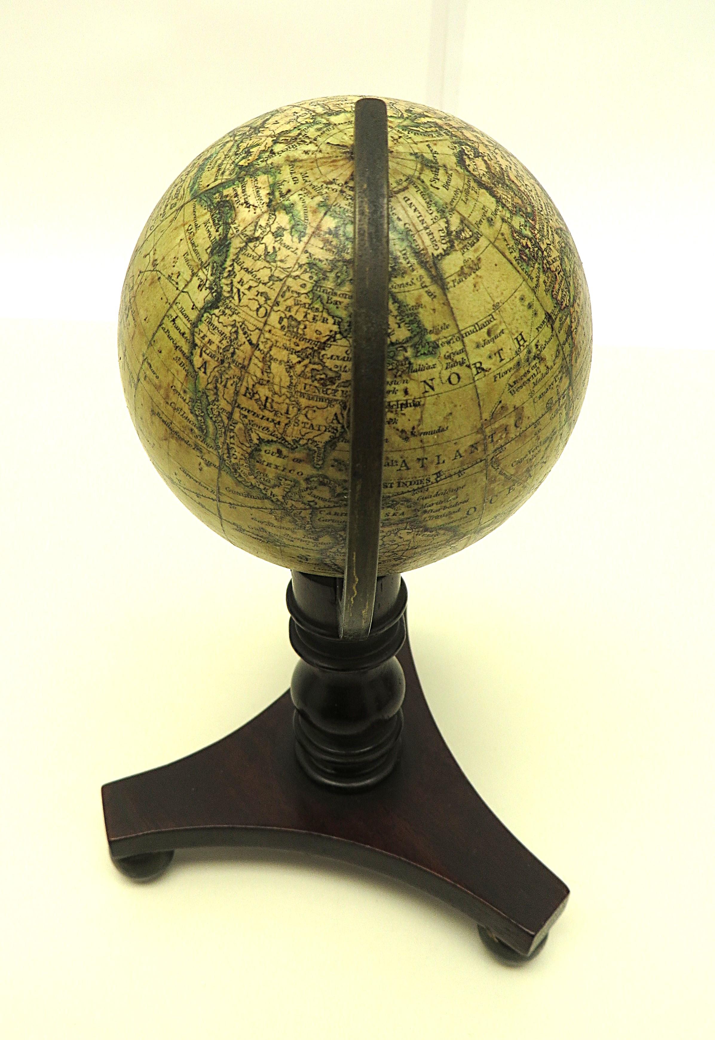 Lovely pair of English miniature globes on carved wooden stands For Sale 3