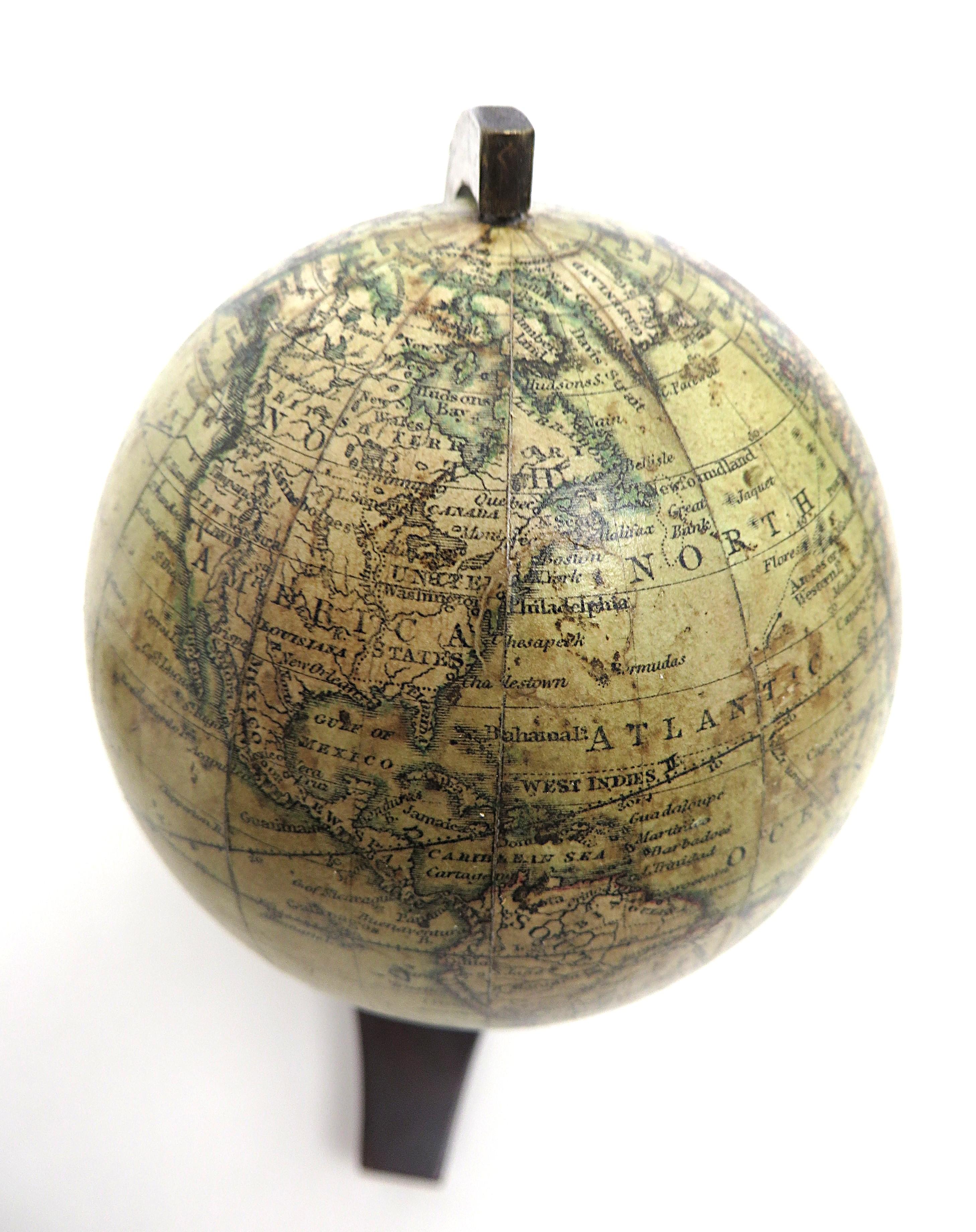 Victorian Lovely pair of English miniature globes on carved wooden stands For Sale