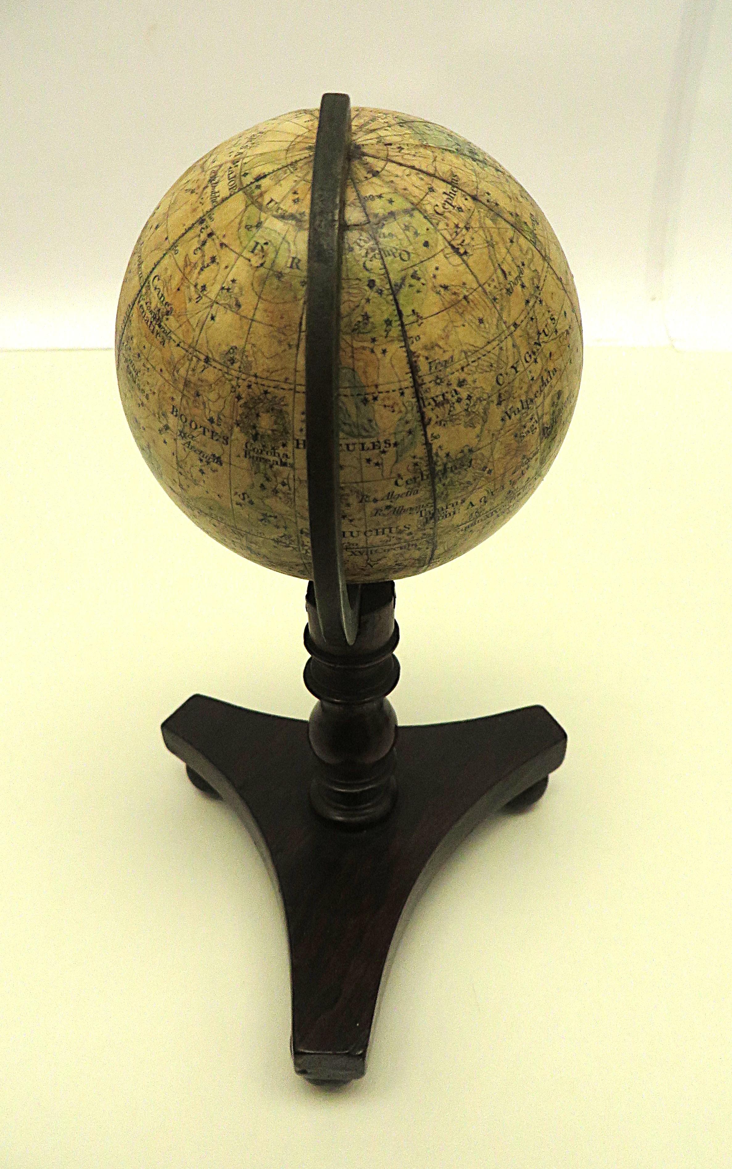 Lovely pair of English miniature globes on carved wooden stands In Excellent Condition For Sale In ZWIJNDRECHT, NL