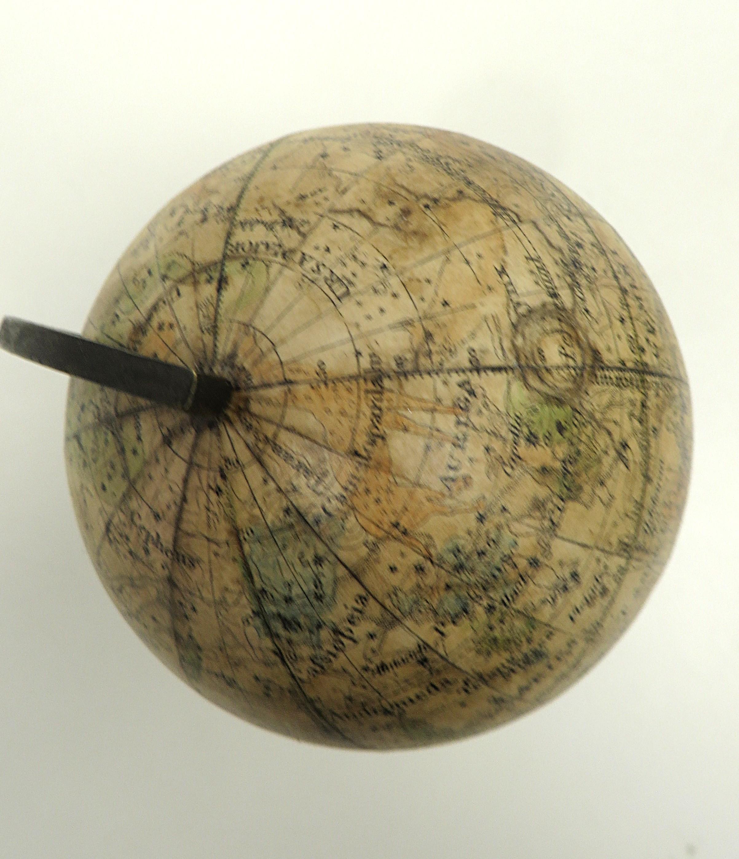Wood Lovely pair of English miniature globes on carved wooden stands For Sale