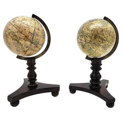 Lovely pair of English miniature globes on carved wooden stands