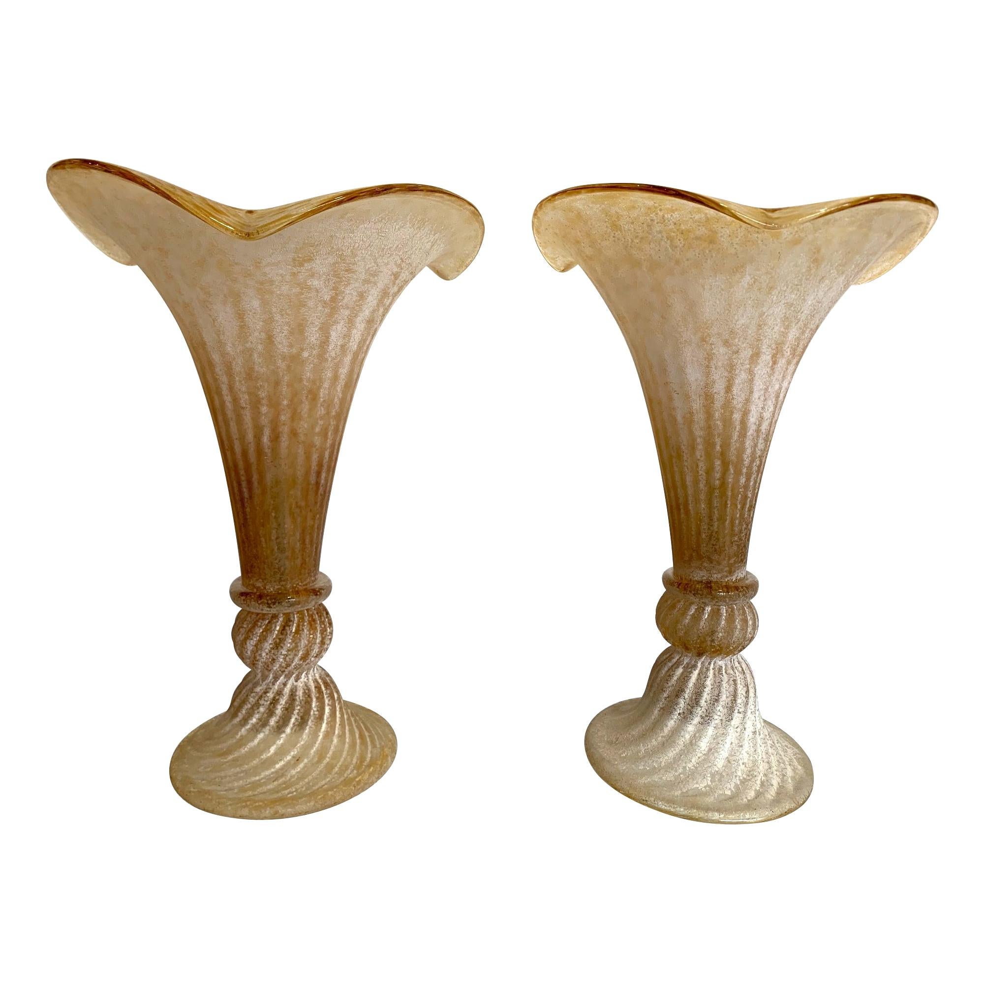 Lovely Pair of Fluted Murano Glass Lamps with Mottled, Ribbed Finish