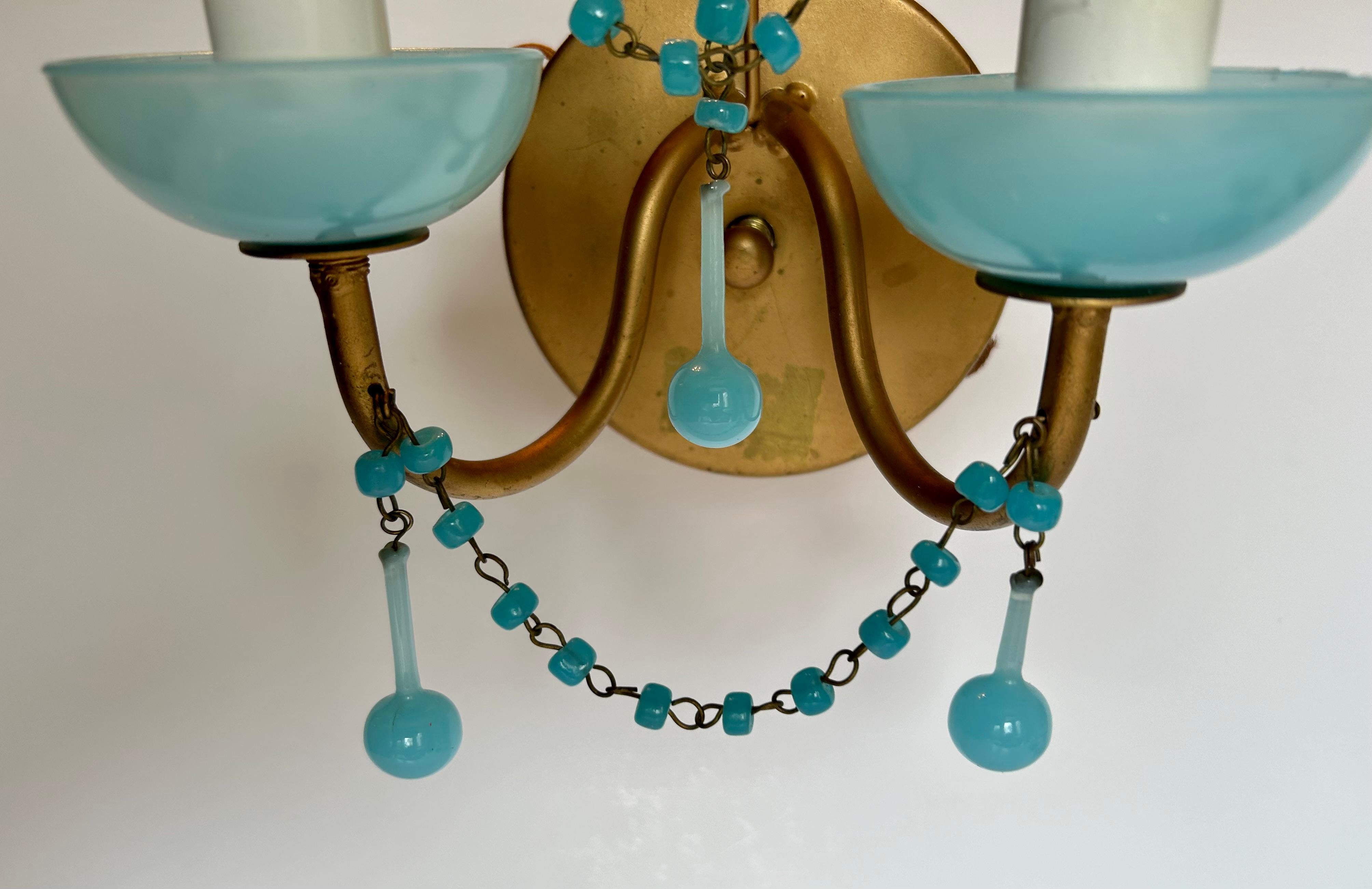 Mid-Century Modern Lovely Pair of French Aqua Blue Opaline Glass Sconces For Sale