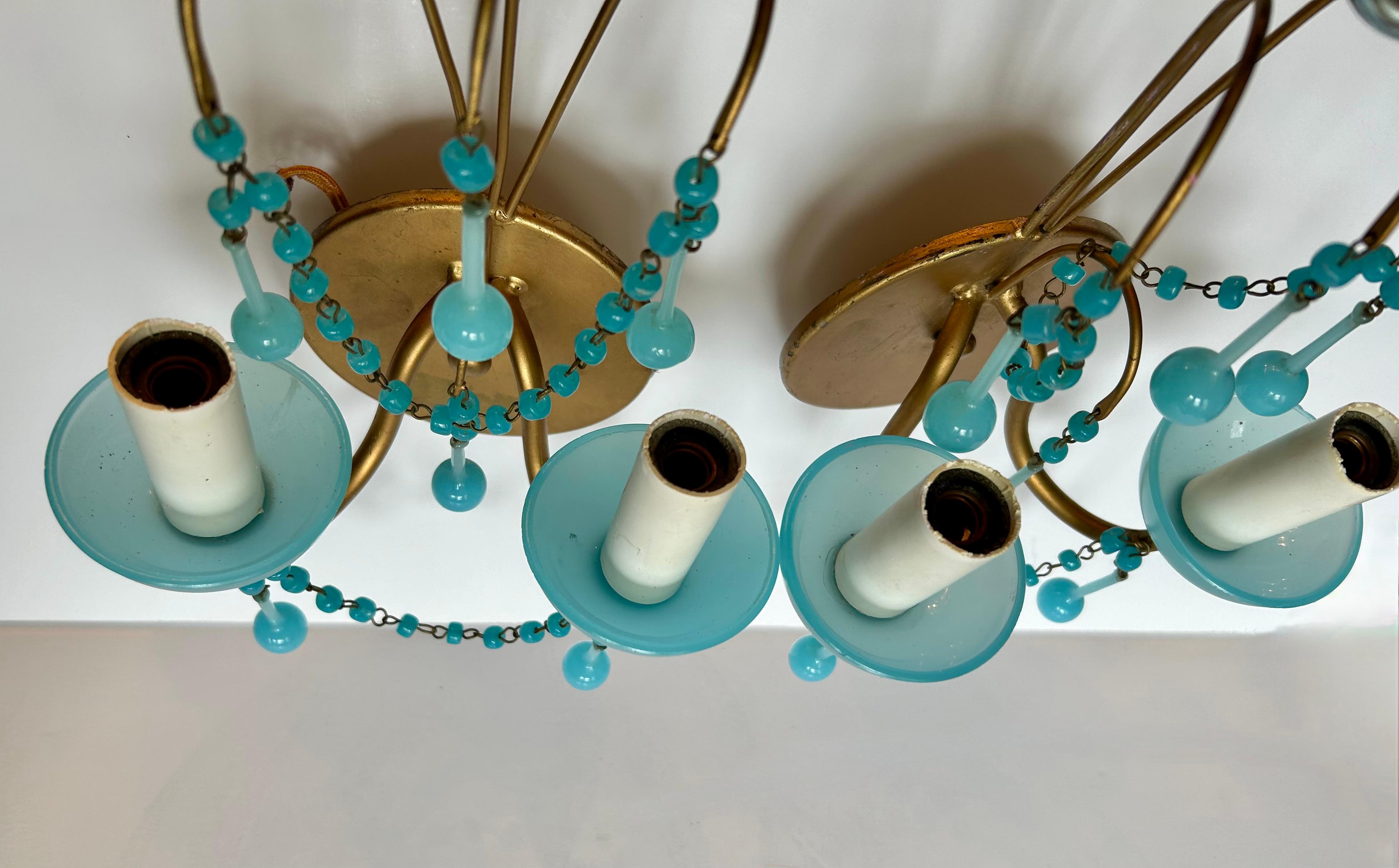 Mid-20th Century Lovely Pair of French Aqua Blue Opaline Glass Sconces For Sale
