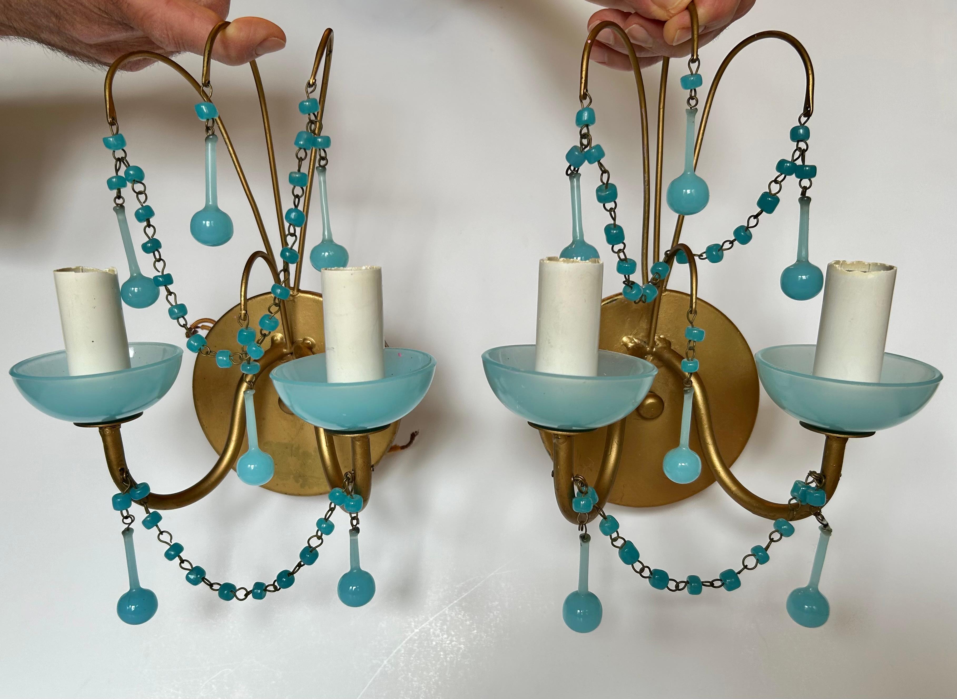 Metal Lovely Pair of French Aqua Blue Opaline Glass Sconces For Sale