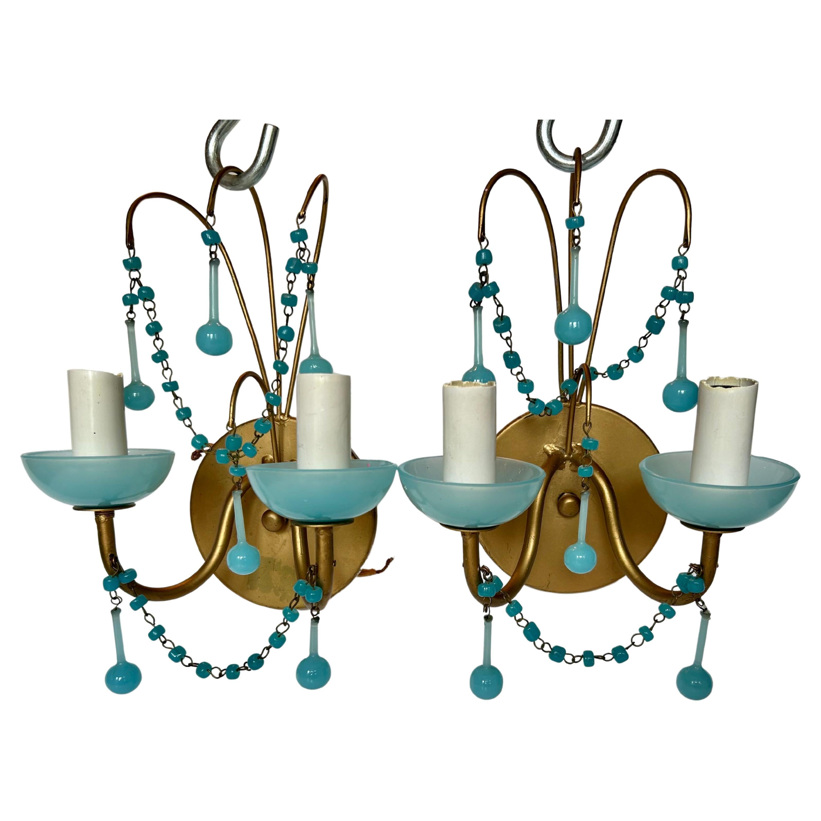 Lovely Pair of French Aqua Blue Opaline Glass Sconces For Sale