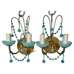 Vintage Lovely Pair of French Aqua Blue Opaline Glass Sconces
