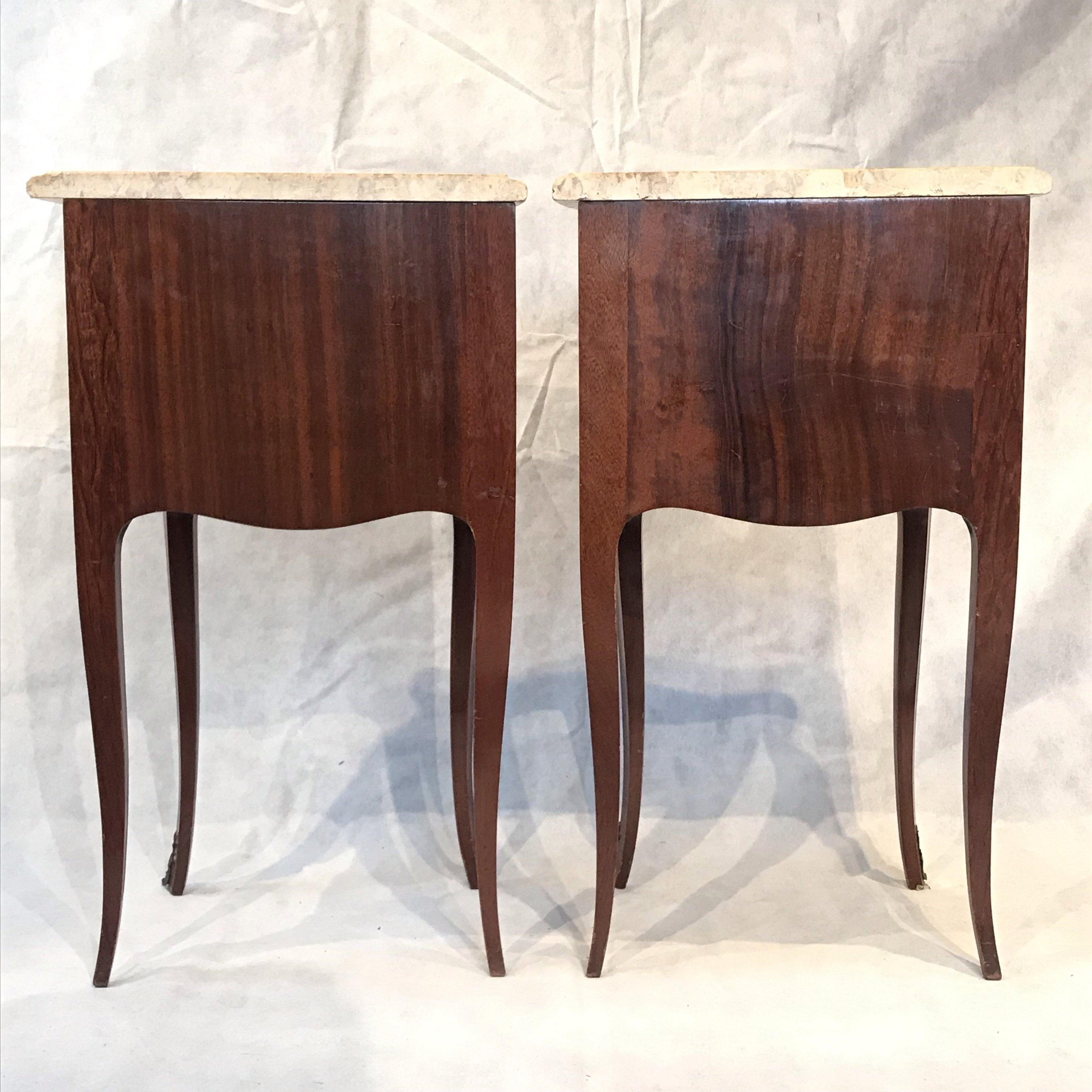 Lovely Pair of French Inlaid Kingwood Nightstands with Marble Tops 6