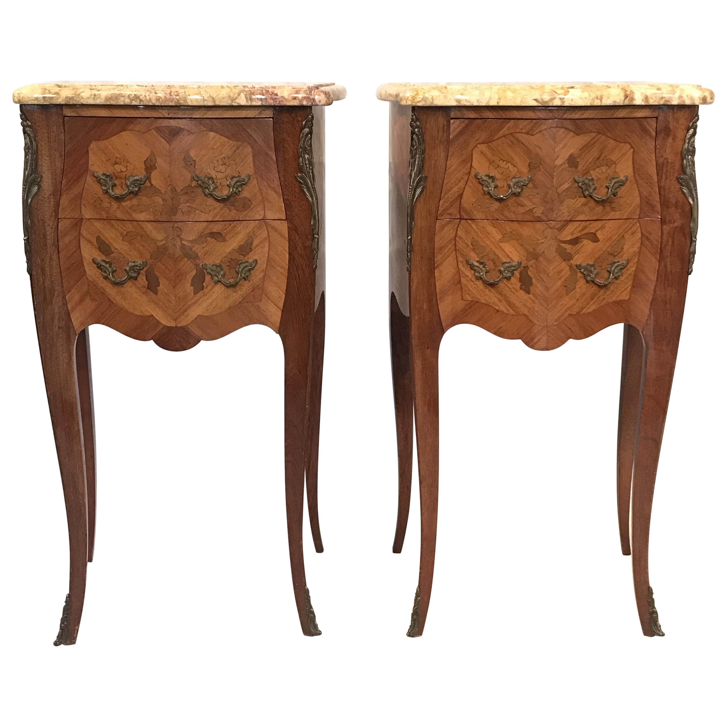 Lovely Pair of French Inlaid Kingwood Nightstands with Marble Tops