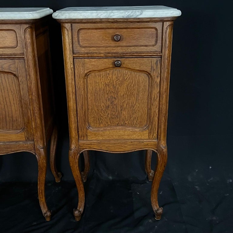 Lovely Pair of French Marble Top Antique Night Stands For Sale at
