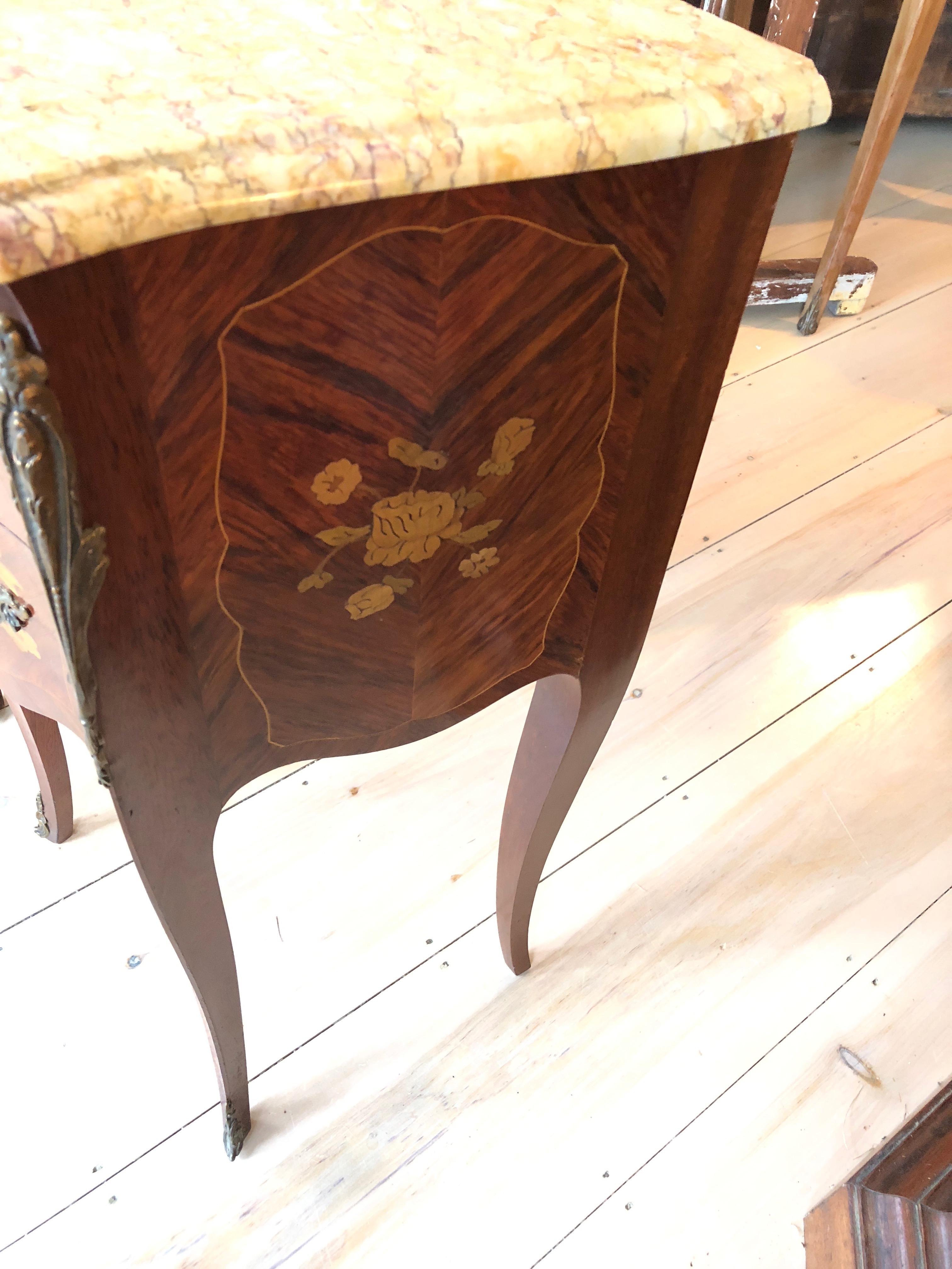 Lovely Pair of French Marquetry Nightstands with Roses and Marble Tops 6
