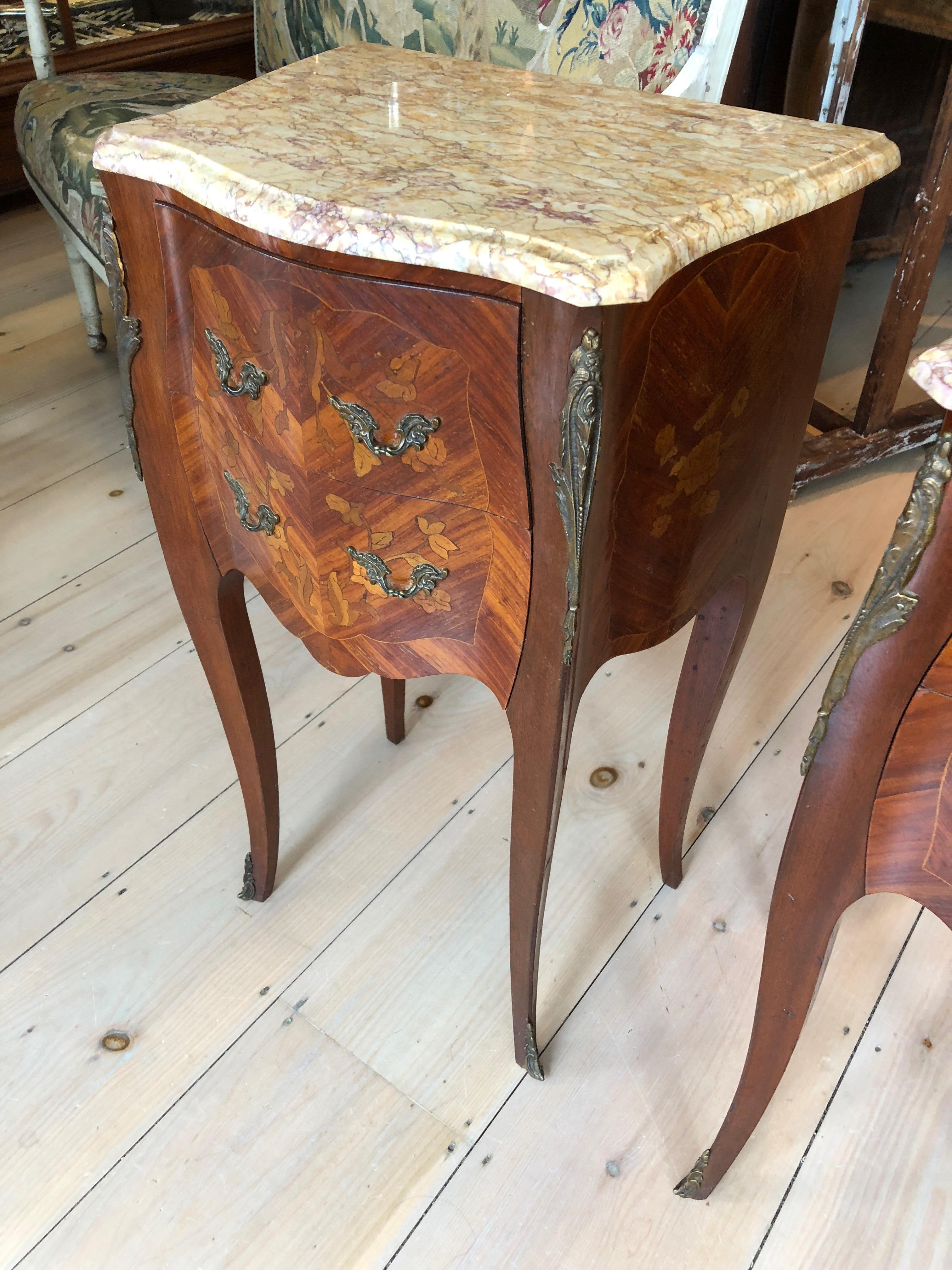 Lovely Pair of French Marquetry Nightstands with Roses and Marble Tops 2