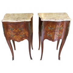 Lovely Pair of French Marquetry Nightstands with Roses and Marble Tops