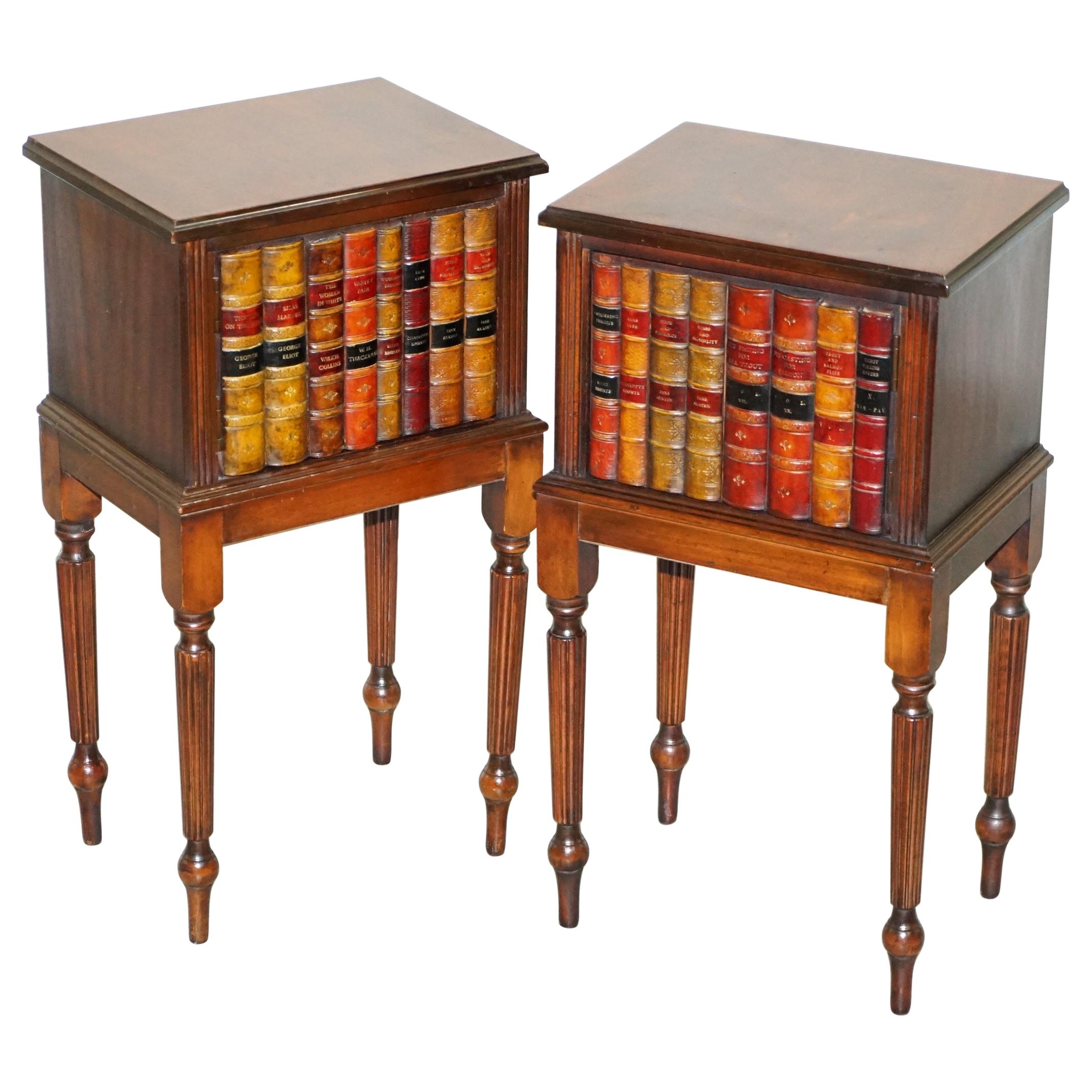 Lovely Pair of Fully Restored Faux Book Front Side End Lamp Wine Table Cupboards