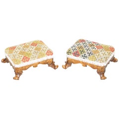 Lovely Pair of George III circa 1800 Walnut & Kilim Embroidered Small Footstools