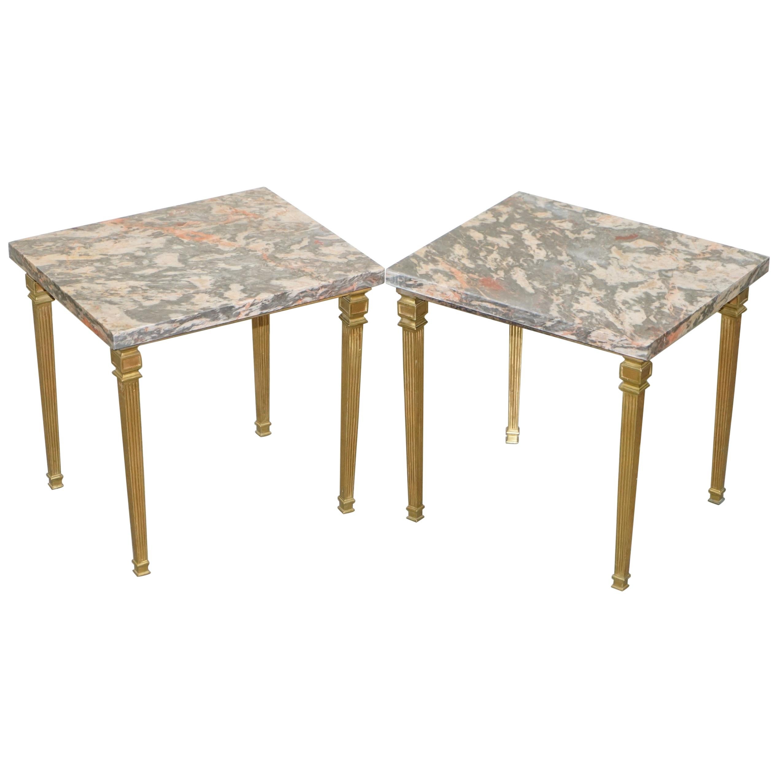 Lovely Pair of Gold Gilt Bronze Side Tables with Thick Heavy Purple Marble Tops