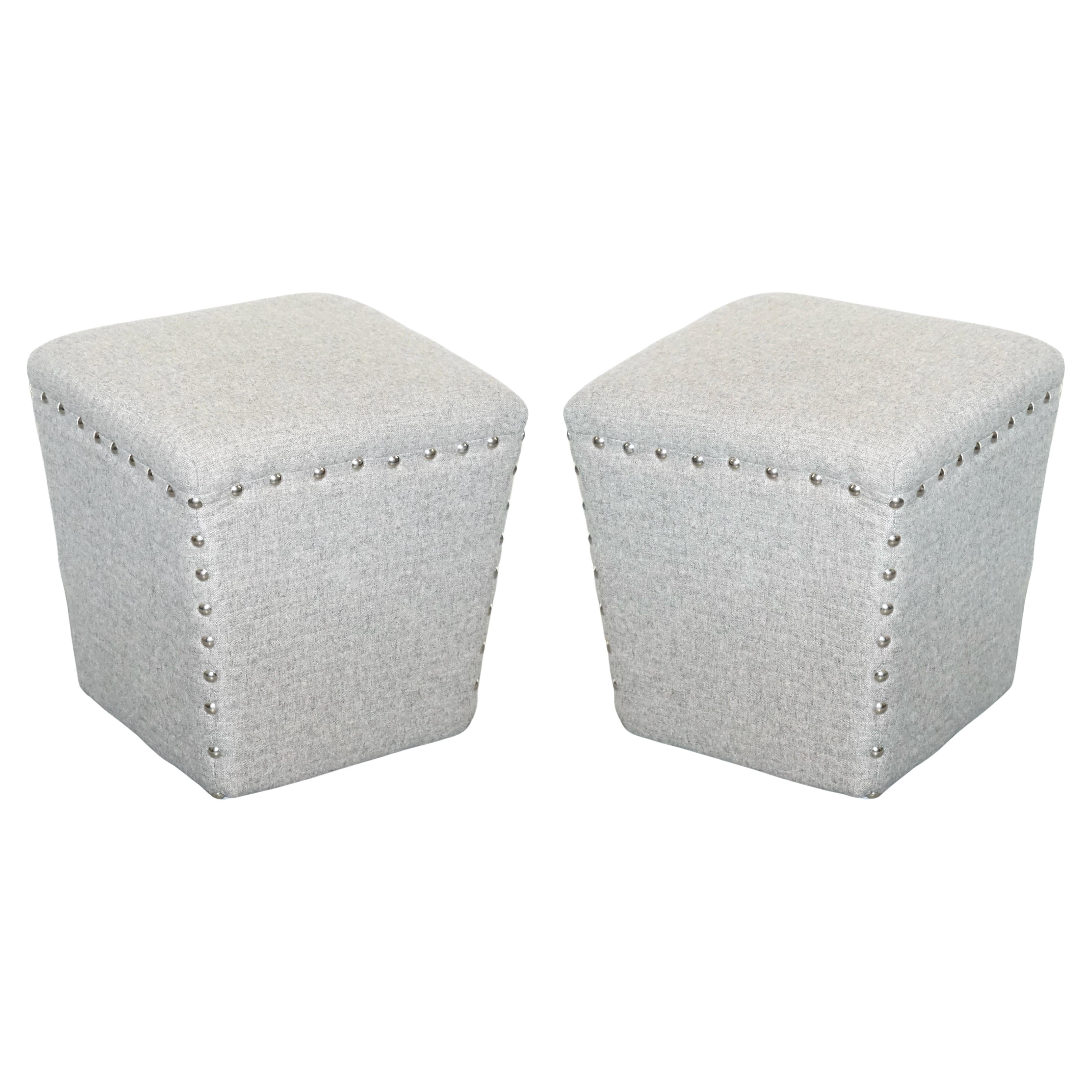 LOVELY PAIR OF GREY FABRIC STUDDED FOOTSTOOLS SiDE STAND STOOL