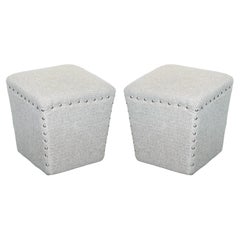 LOVELY PAIR OF GREY FABRIC STUDDED FOOTSTOOLS SiDE STAND STOOL