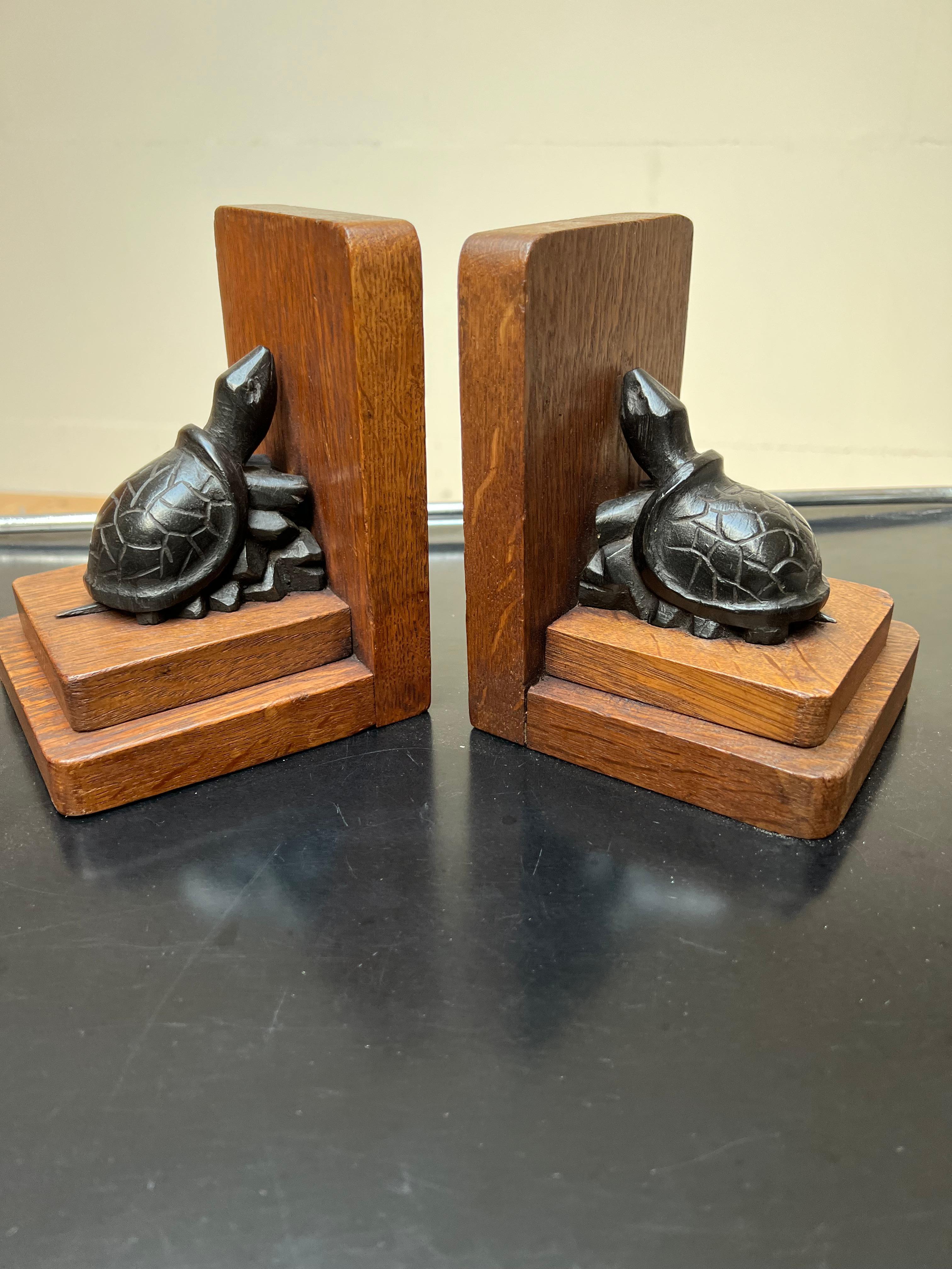 Hand-Carved Lovely Pair of Hand Carved Art Deco Turtle Sculptures Out of Oakwood Bookends For Sale