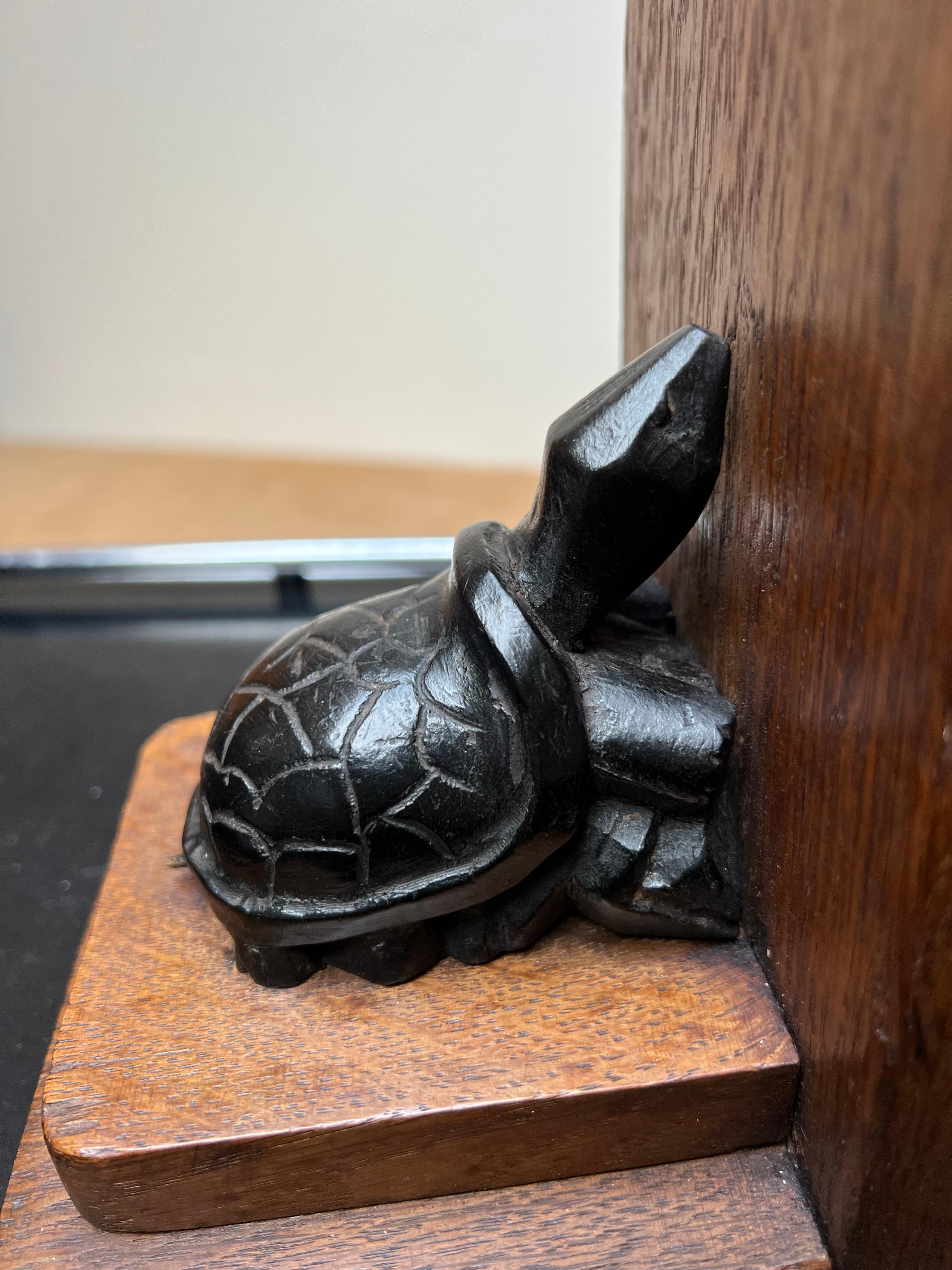 Wood Lovely Pair of Hand Carved Art Deco Turtle Sculptures Out of Oakwood Bookends For Sale