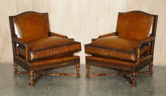 LOVELY PAIR OF HAND DYED CIGAR BROWN LEATHER LIBRARY ARMCHAIRS WiTH OTTOMAN