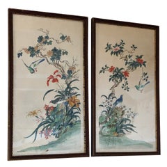 Lovely Pair of Hand Painted Asian Watercolors with Birds
