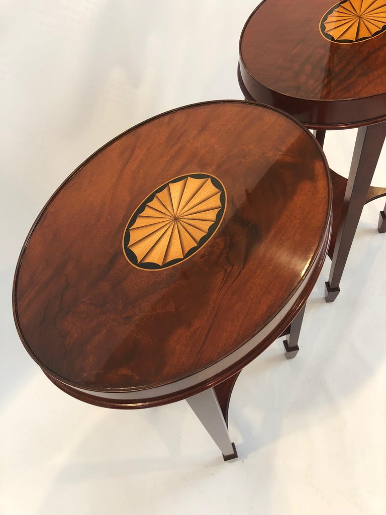 Lovely Pair of Heckman Oval Flame Mahogany Side Tables at 1stDibs