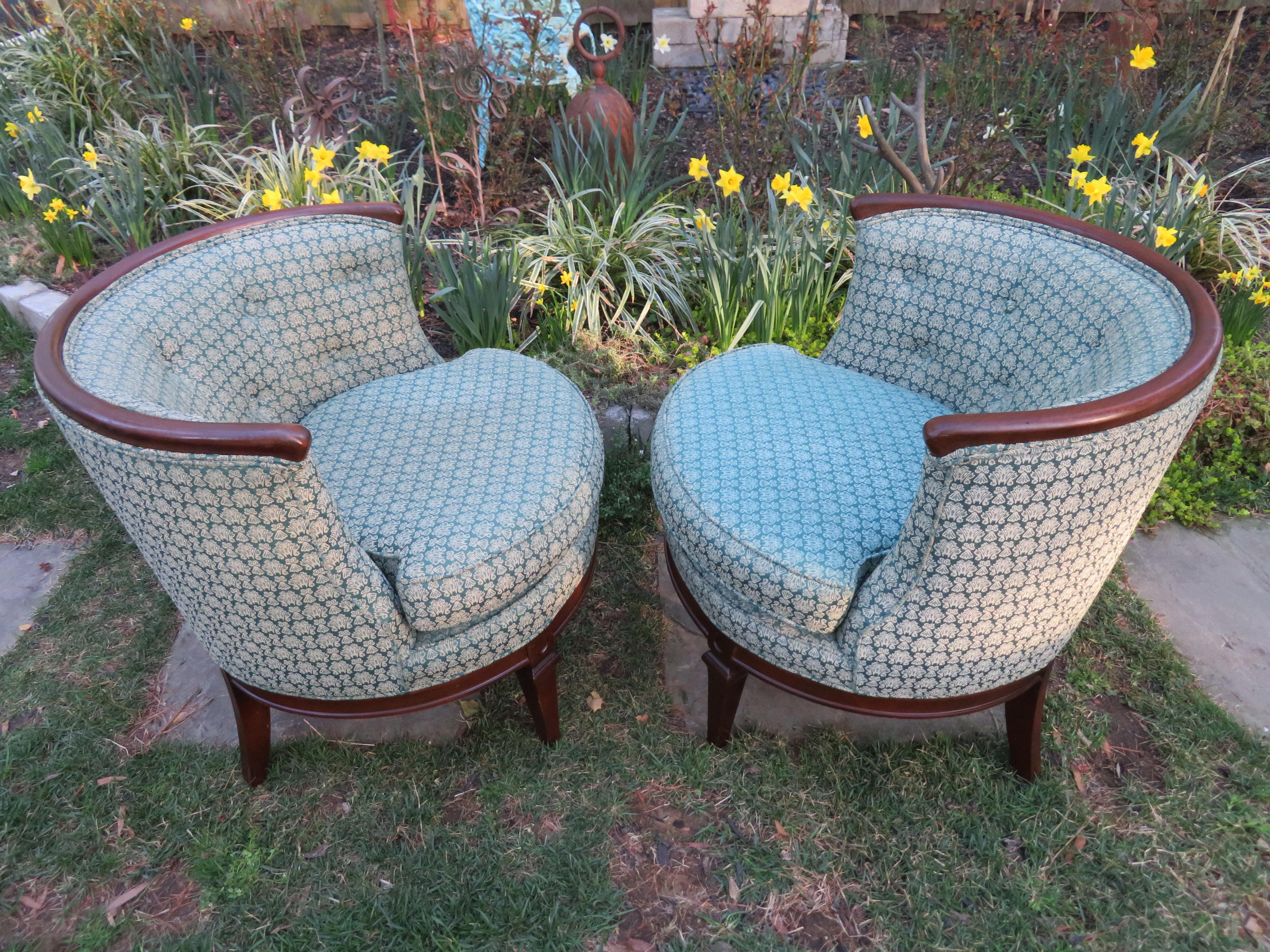 Lovely Pair of Hollywood Regency Barrel Back Lounge Chairs 8