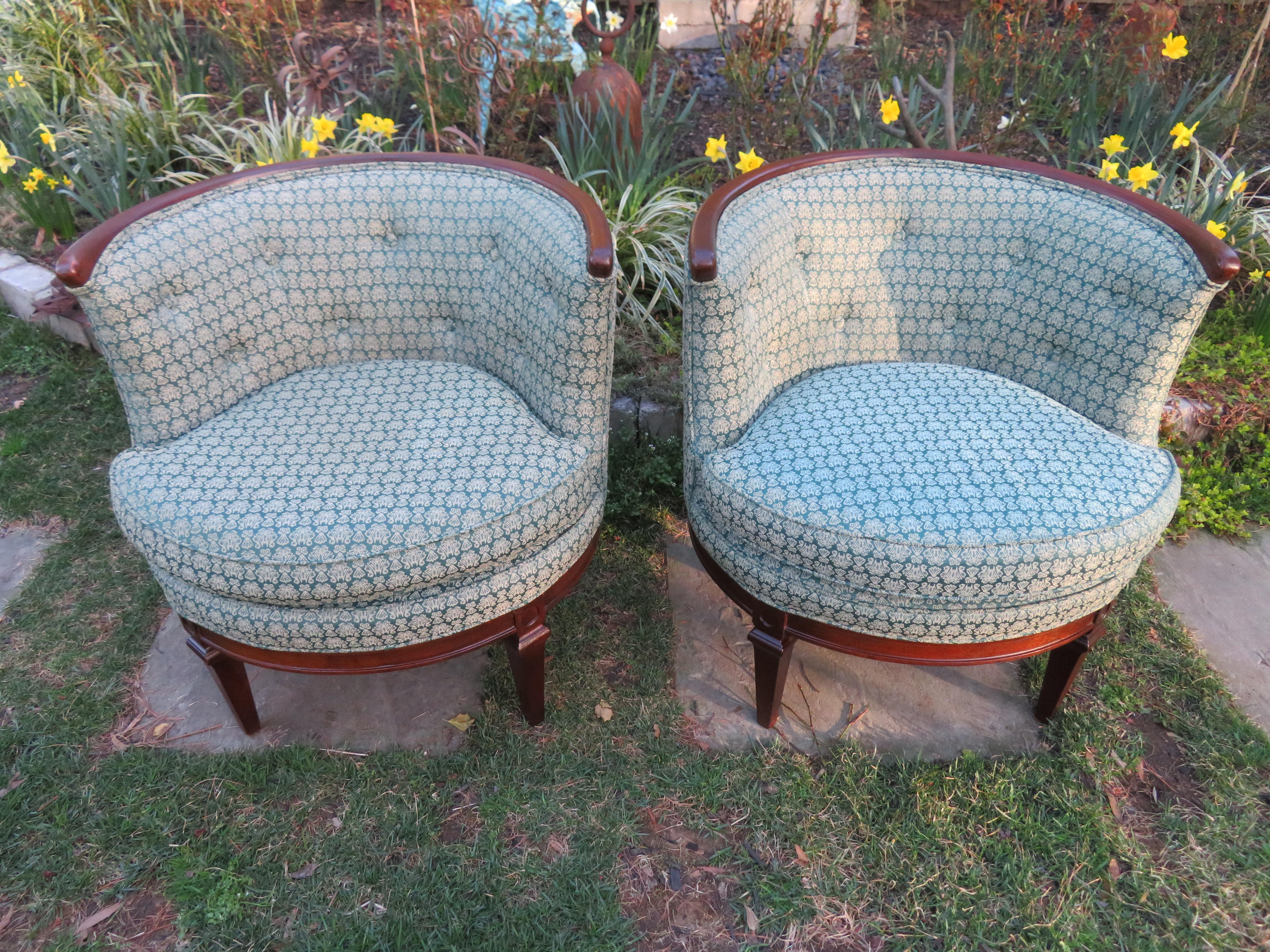 Lovely Pair of Hollywood Regency Barrel Back Lounge Chairs 11