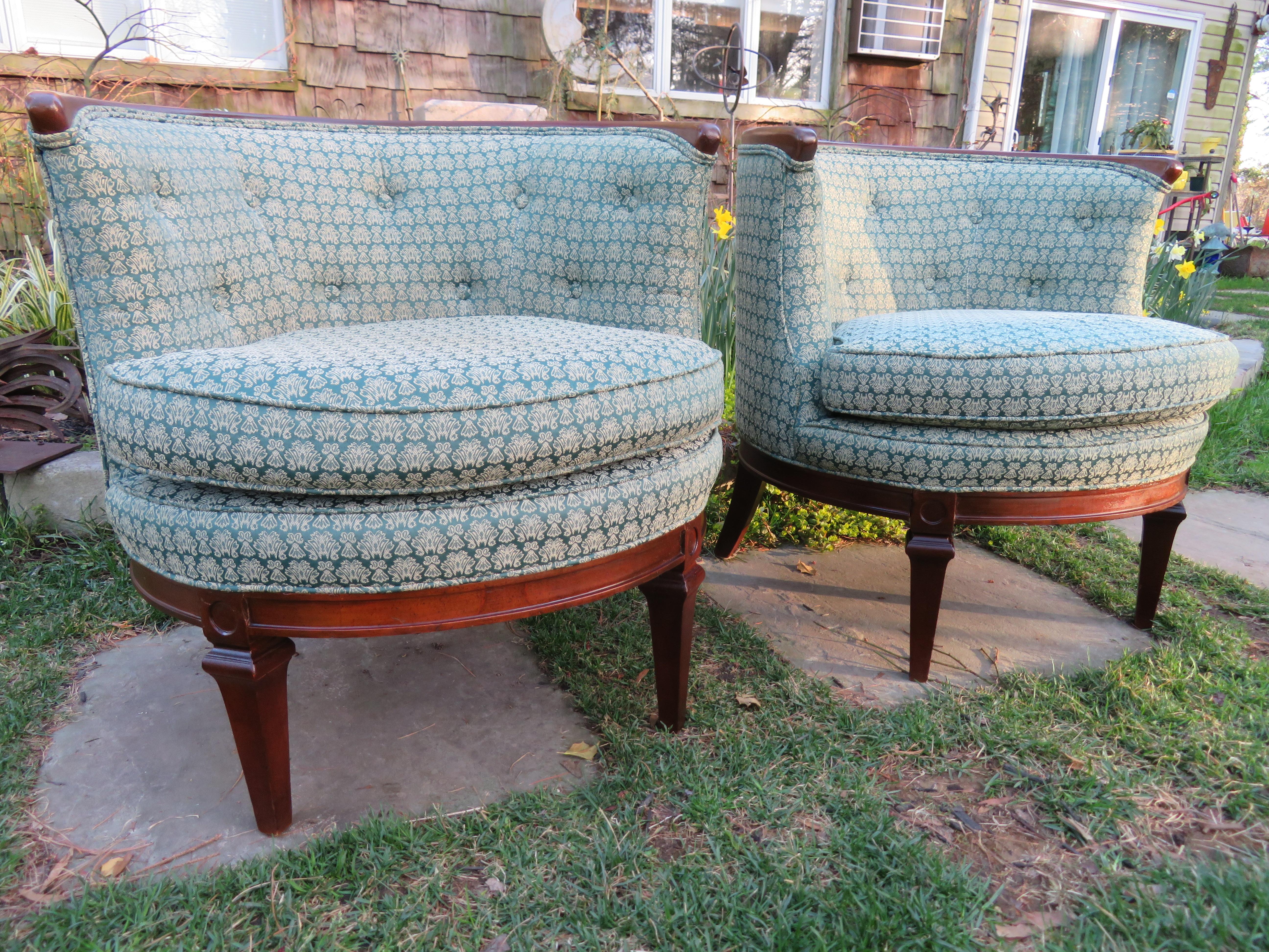 American Lovely Pair of Hollywood Regency Barrel Back Lounge Chairs