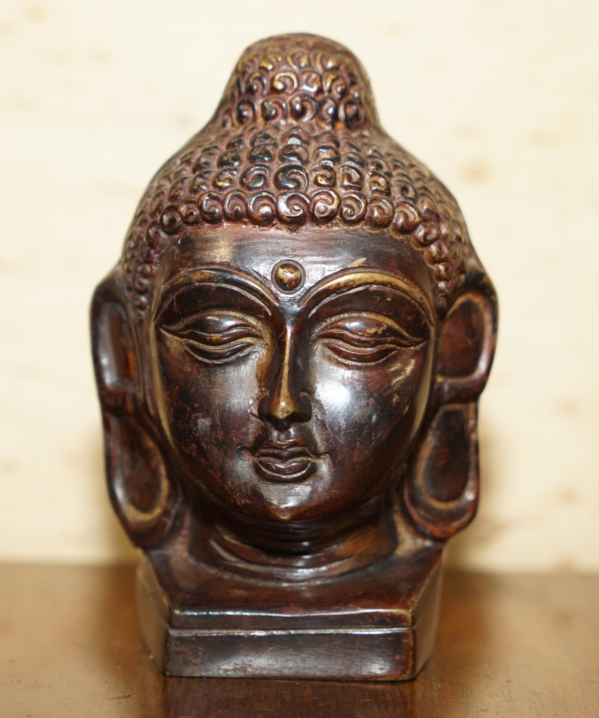 Lovely Pair of Indonesian Bronzed Buddha Heads Very Decorative Lovely Patina For Sale 4