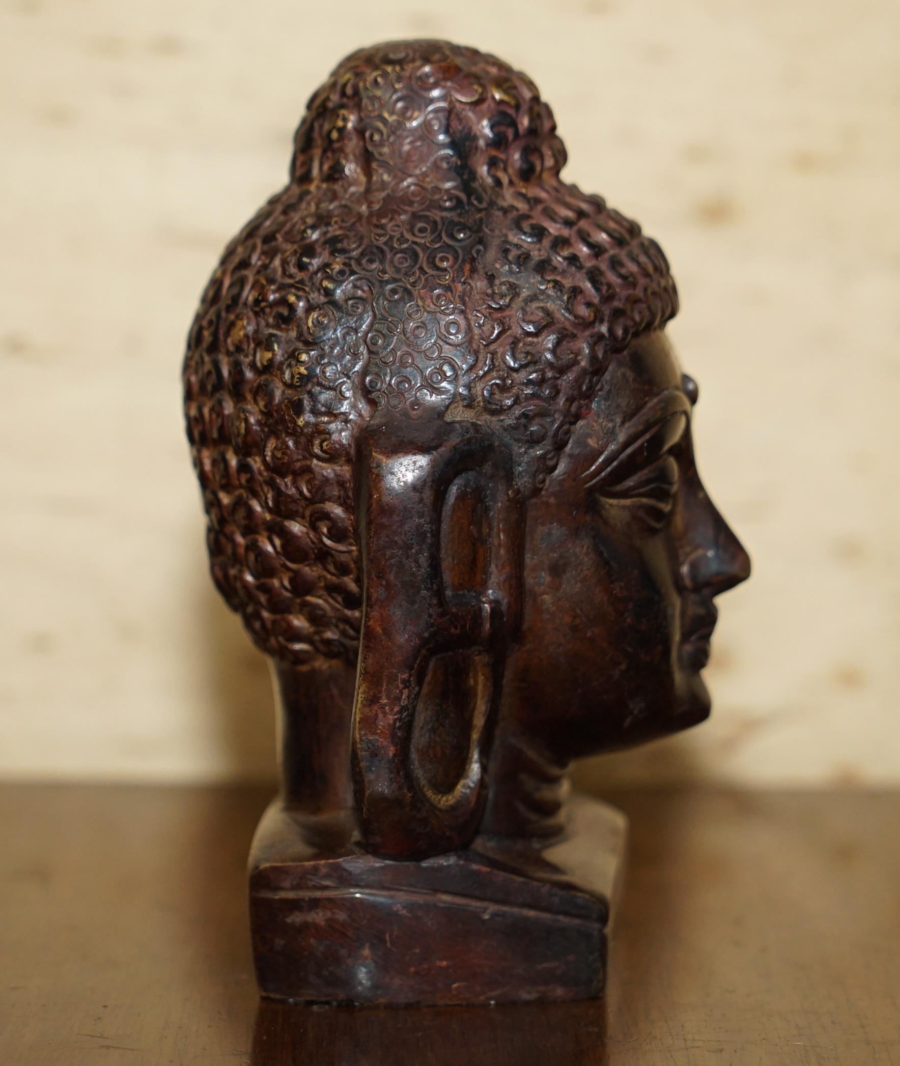 Lovely Pair of Indonesian Bronzed Buddha Heads Very Decorative Lovely Patina For Sale 6