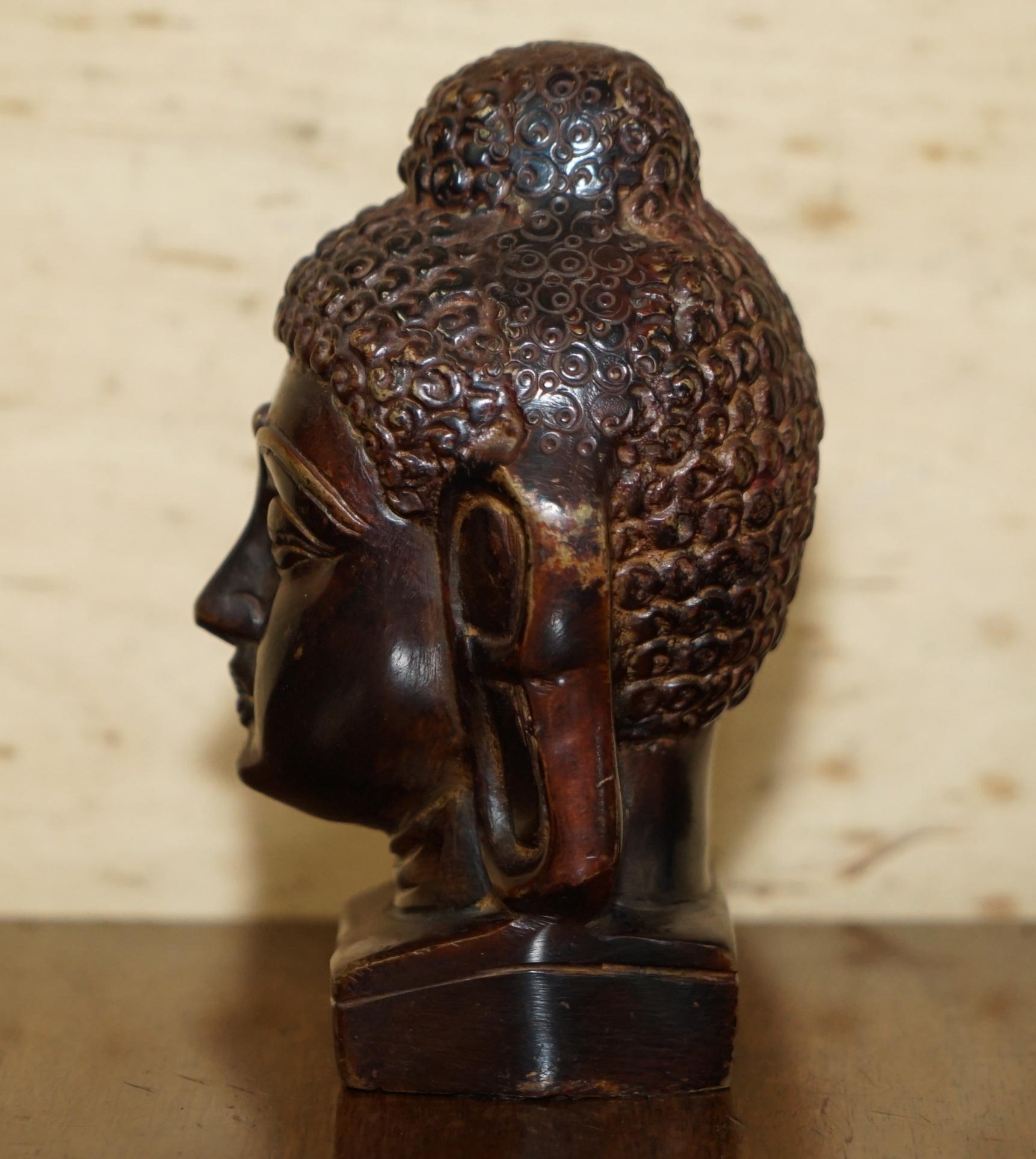 Lovely Pair of Indonesian Bronzed Buddha Heads Very Decorative Lovely Patina For Sale 8