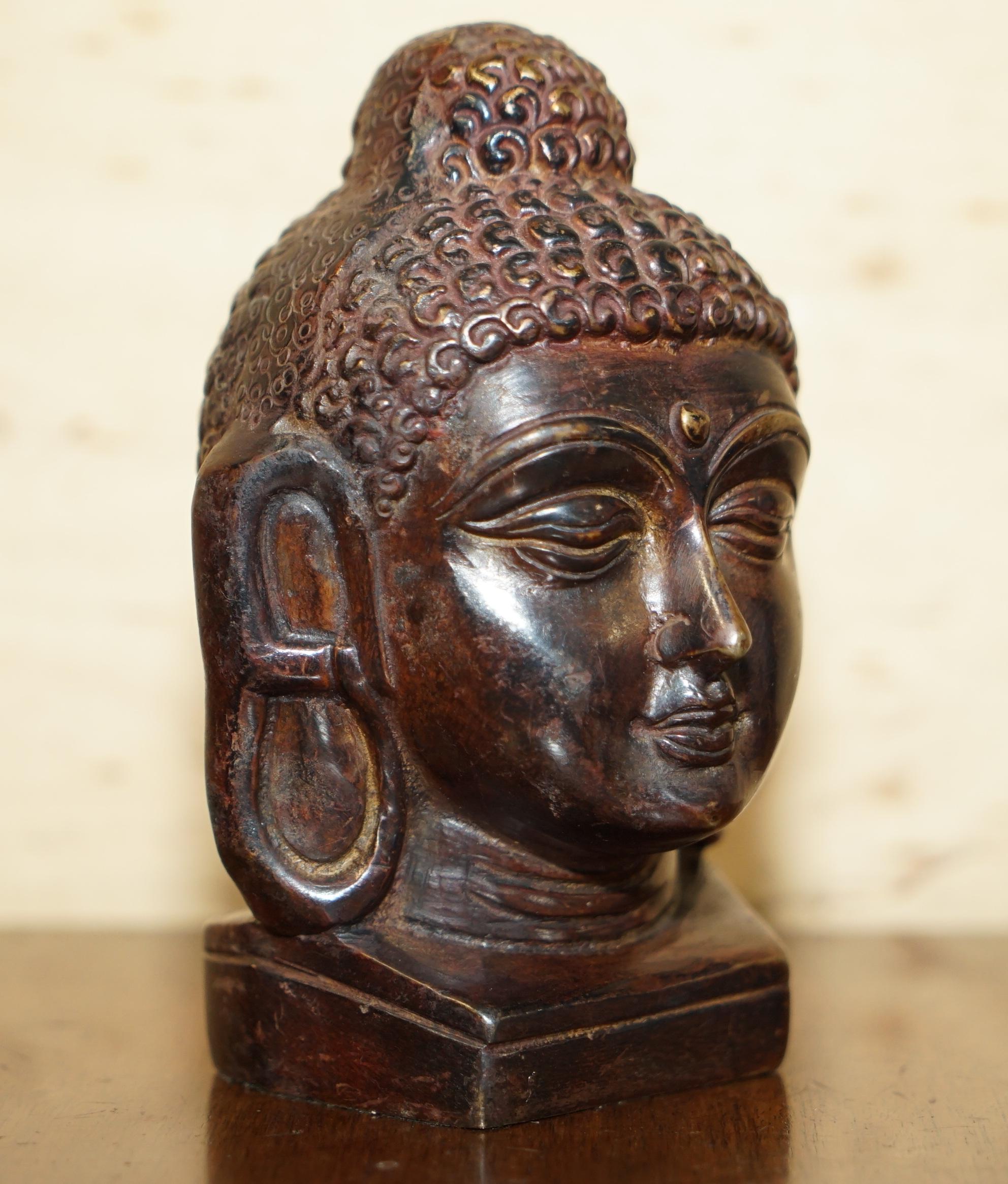 Lovely Pair of Indonesian Bronzed Buddha Heads Very Decorative Lovely Patina For Sale 3