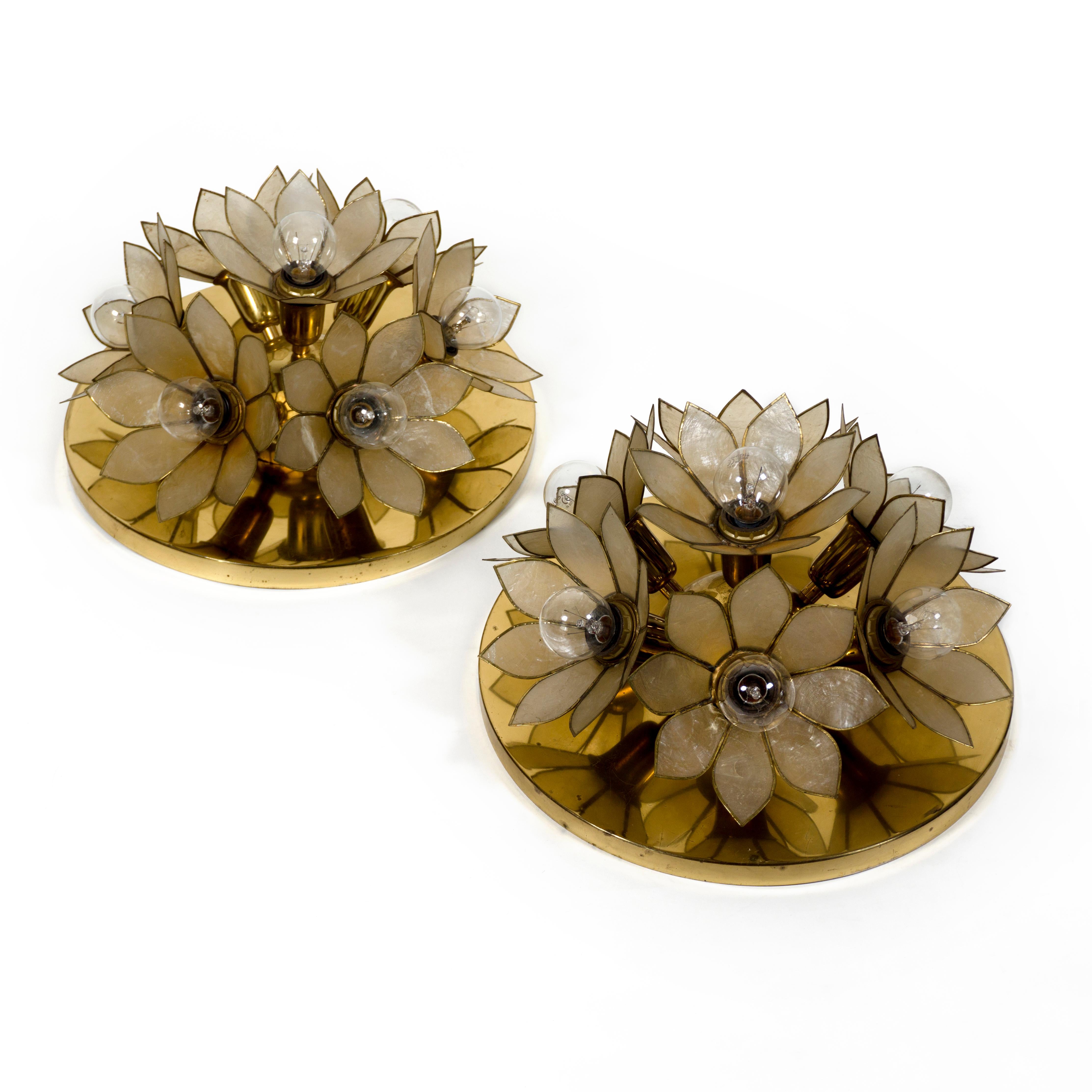 Due splendide e grandi plafoniere a fiore italiane in madreperla e ottone. Bellissimo e raro design degli anni '70. Telaio completamente in ottone. Sette fiori, ognuno con una presa E14.
Su alcune foglie la madreperla è stata leggermente piegata in