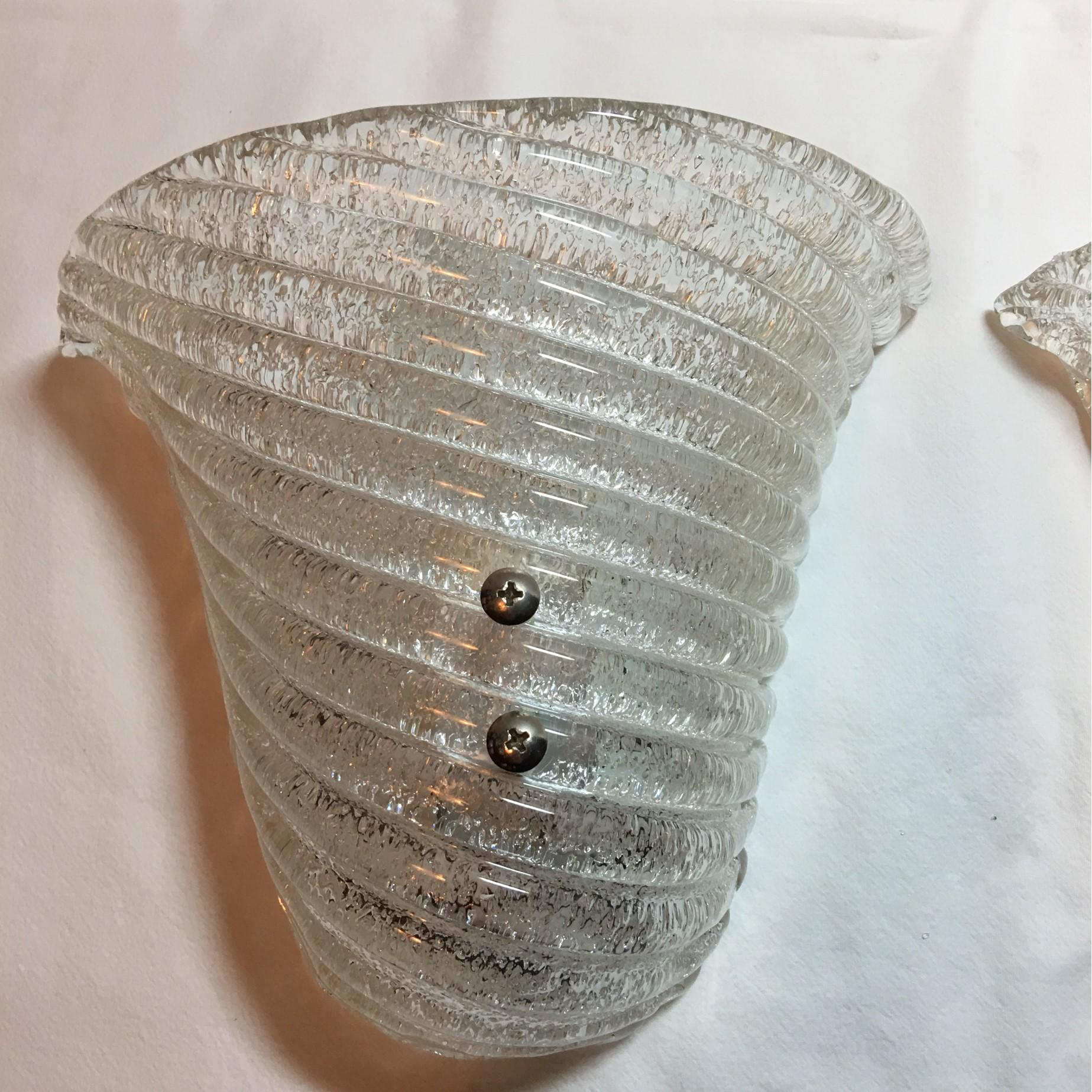 Lovely Pair of Italian Murano Glass Striped Ice Glass Sconces For Sale 1