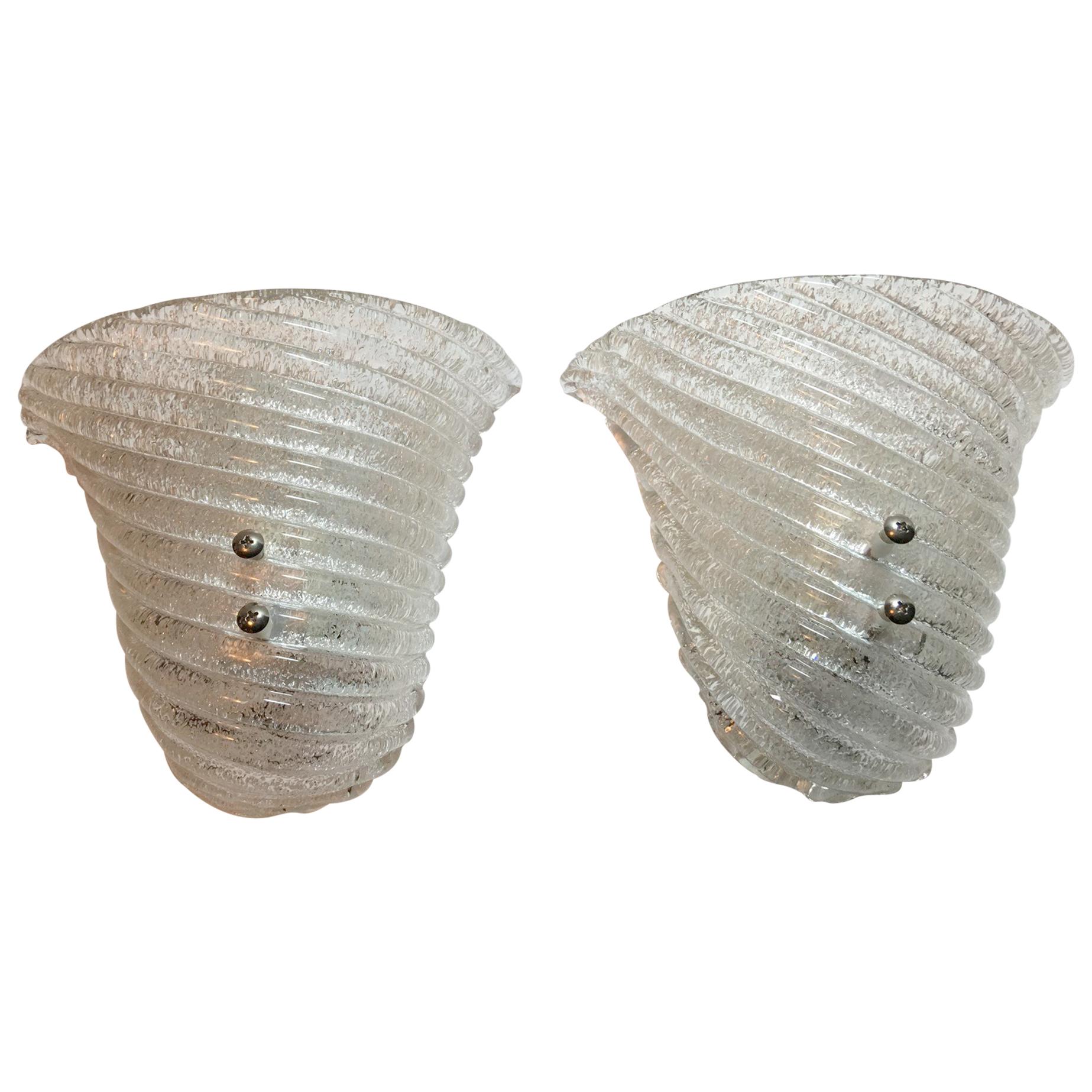 Lovely Pair of Italian Murano Glass Striped Ice Glass Sconces For Sale