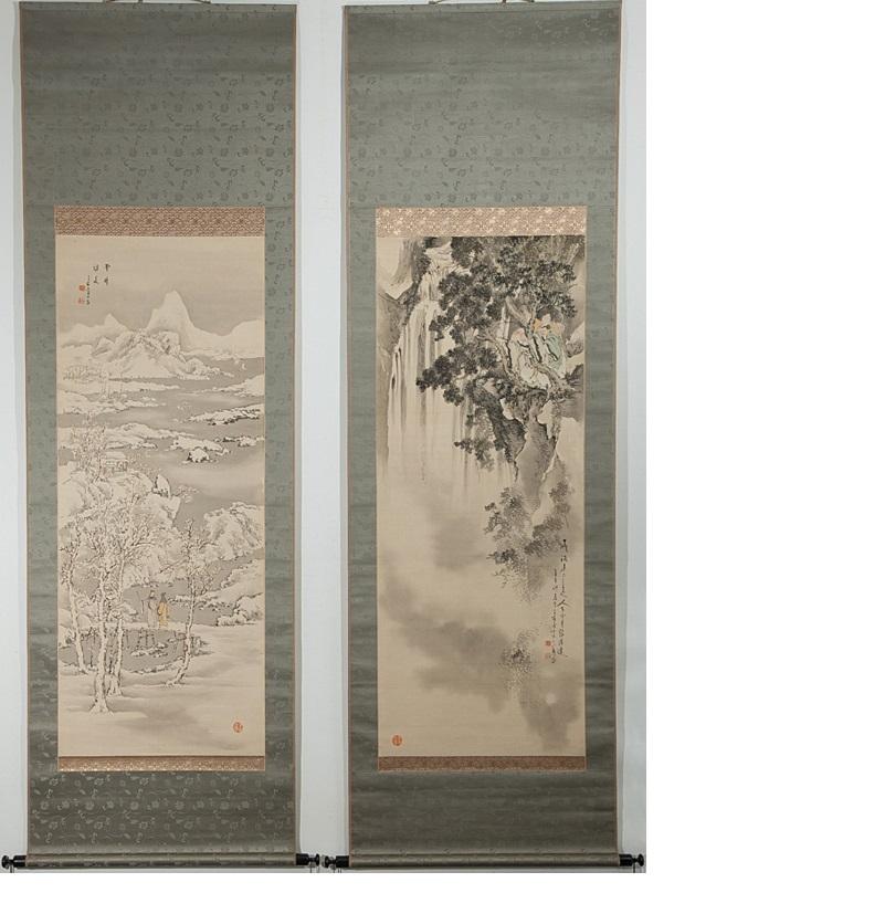 Fabric Lovely Pair of Japanese circa 1900-1915 Scroll Paintings Japan Tomobako For Sale