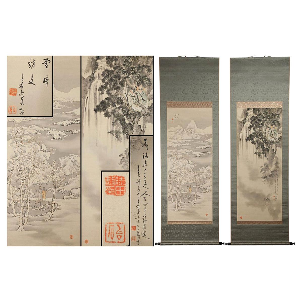 Lovely Pair of Japanese circa 1900-1915 Scroll Paintings Japan Tomobako