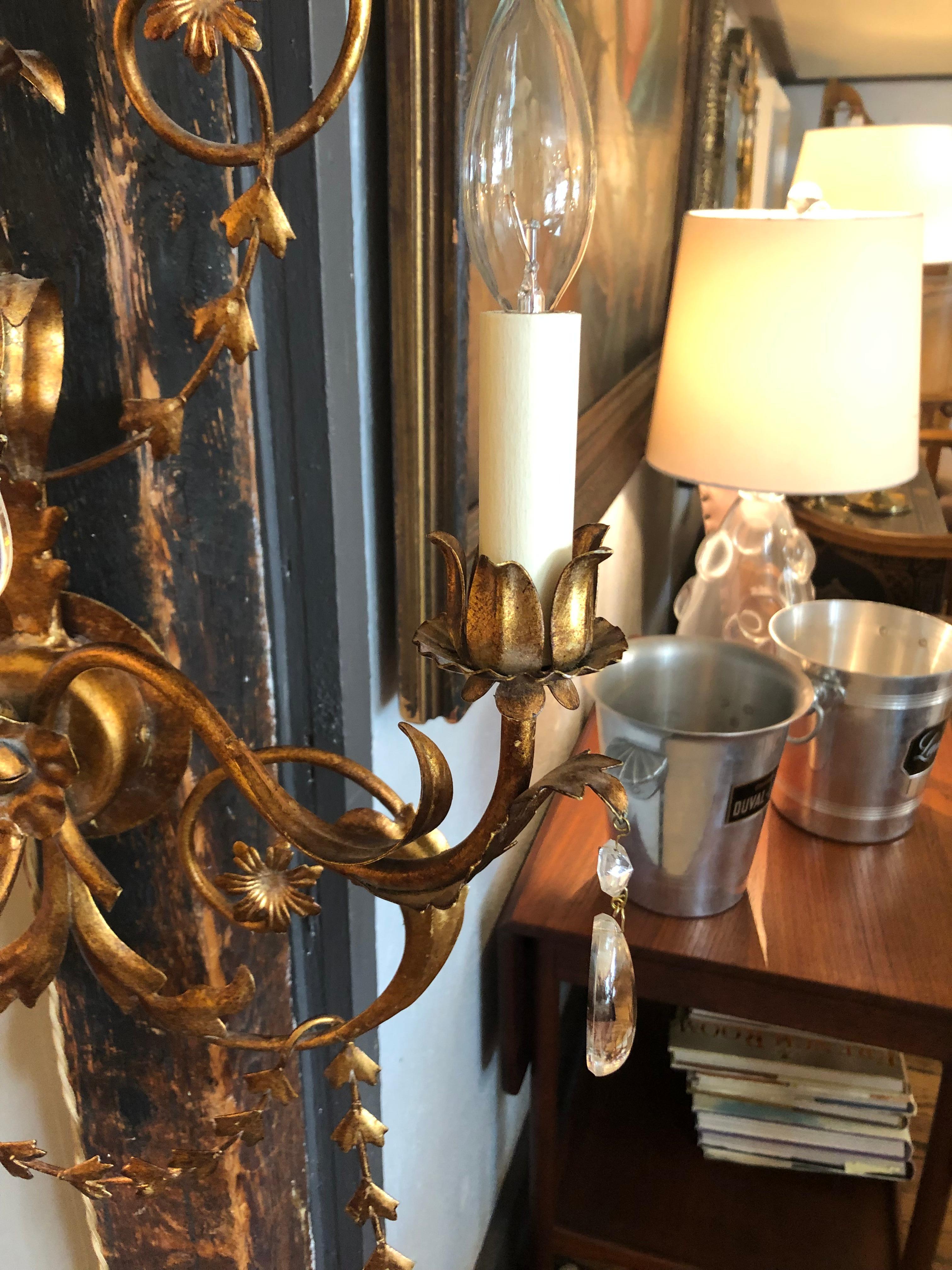 Lovely Pair of Large Tole and Giltmetal Wall Sconces 5