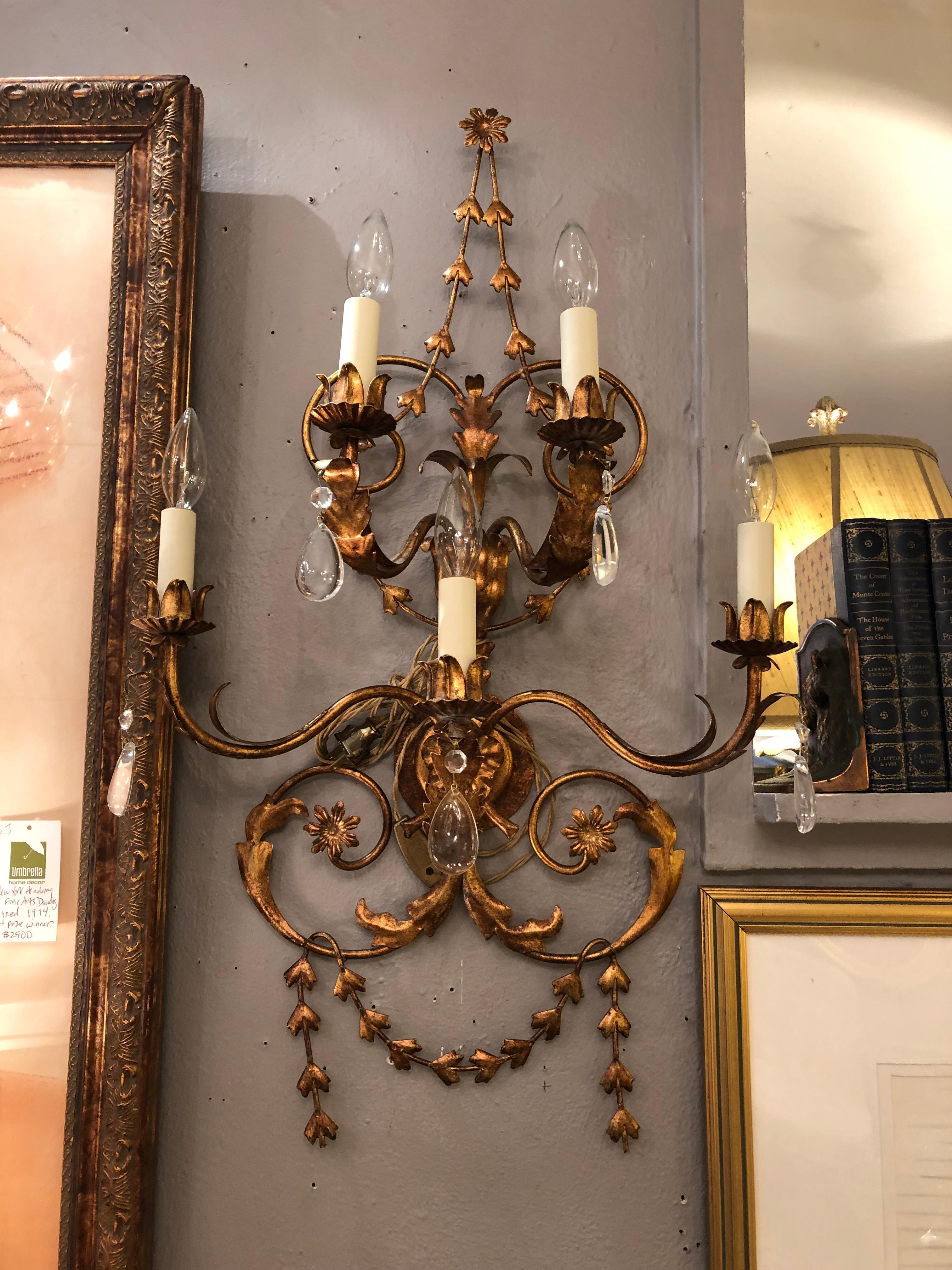 Lovely Pair of Large Tole and Giltmetal Wall Sconces 6