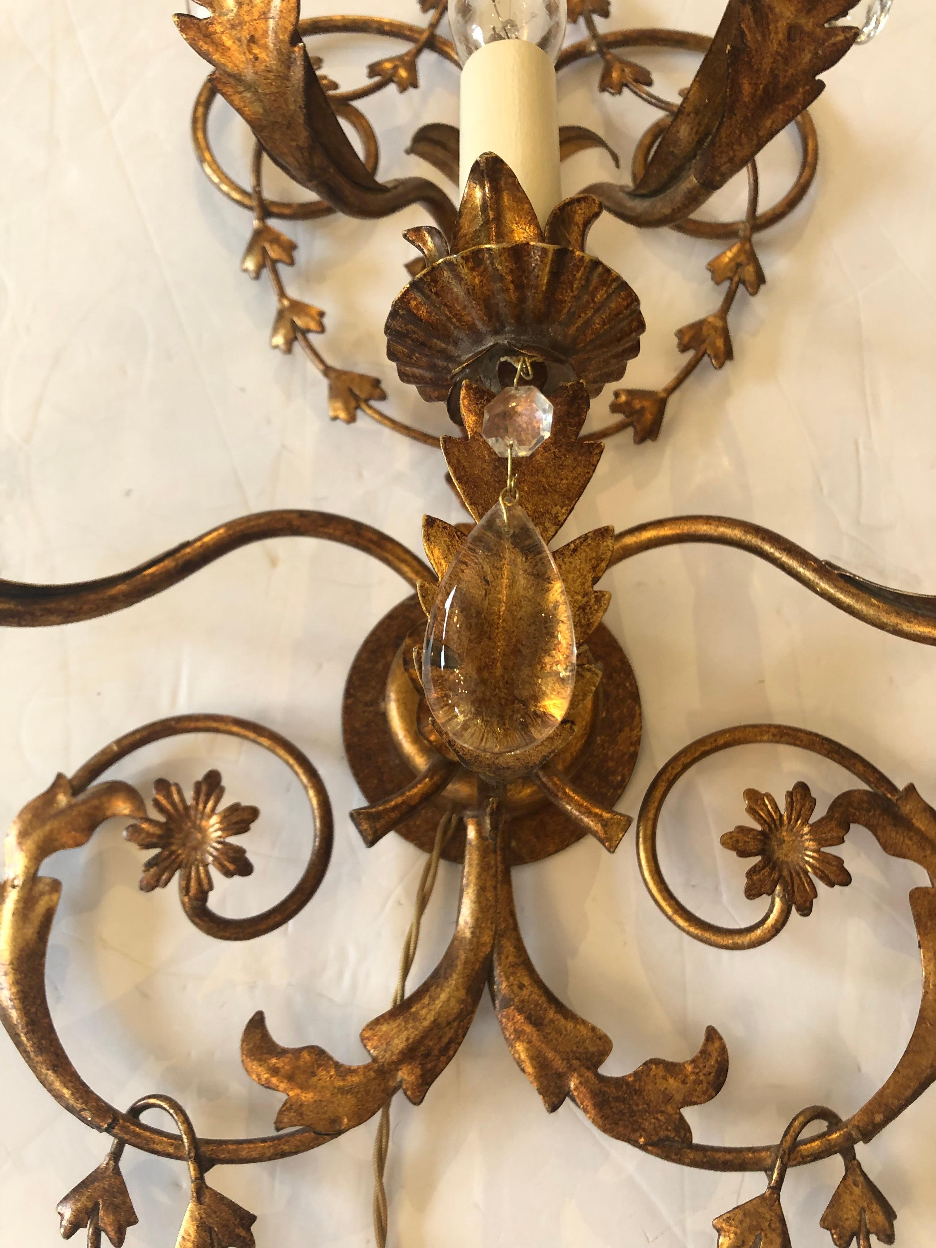 North American Lovely Pair of Large Tole and Giltmetal Wall Sconces