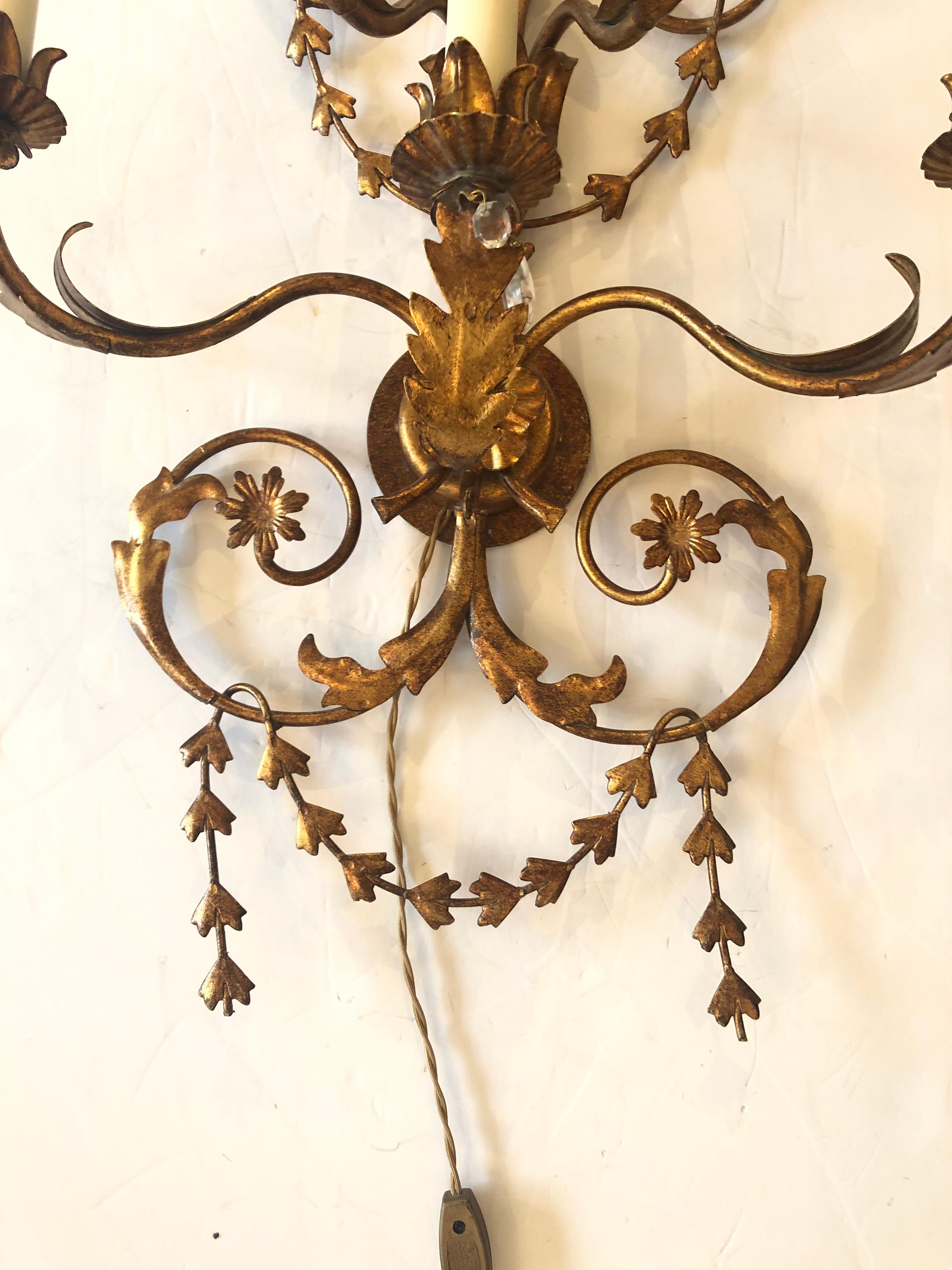 Lovely Pair of Large Tole and Giltmetal Wall Sconces In Good Condition In Hopewell, NJ
