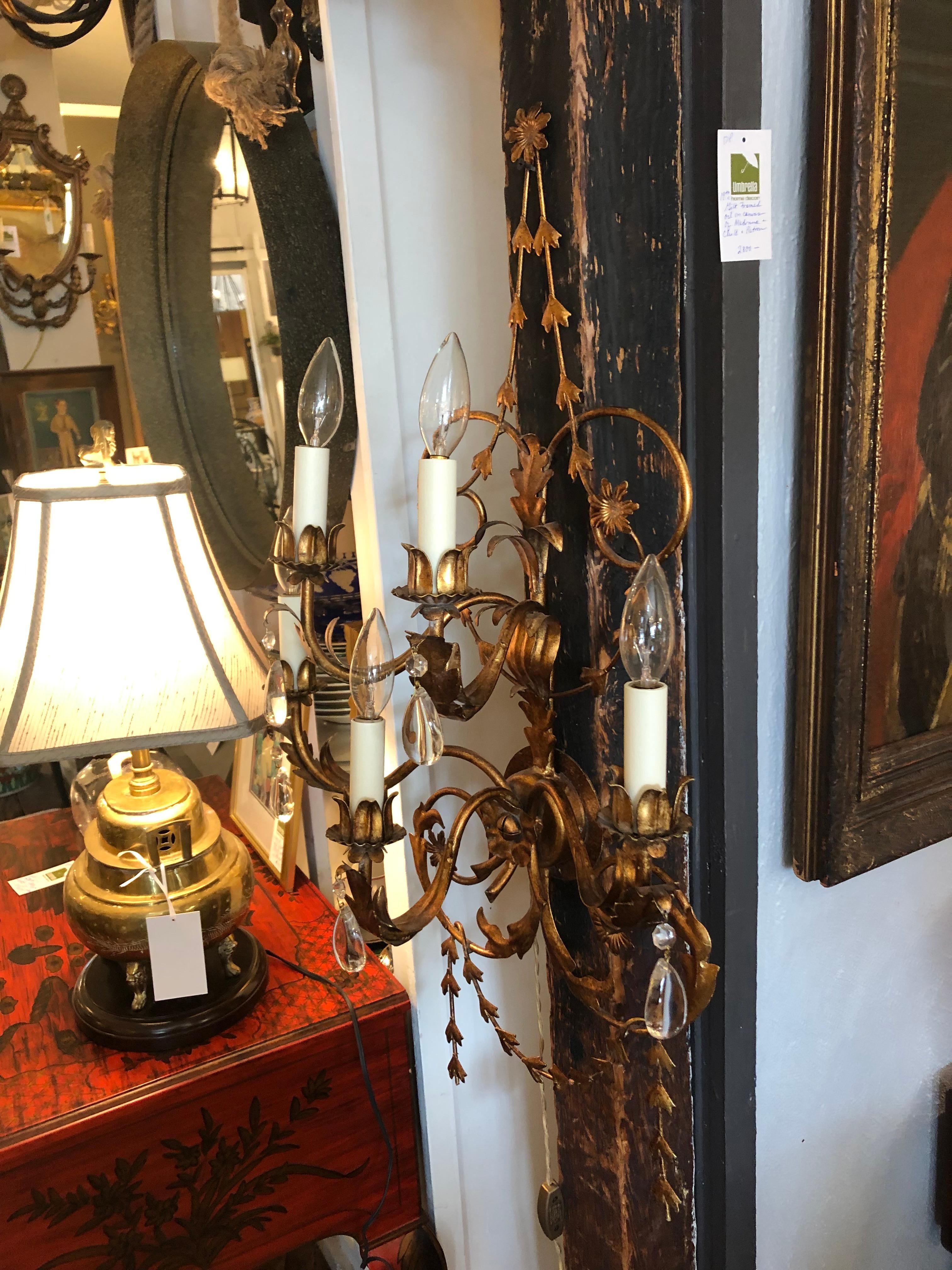 Late 20th Century Lovely Pair of Large Tole and Giltmetal Wall Sconces