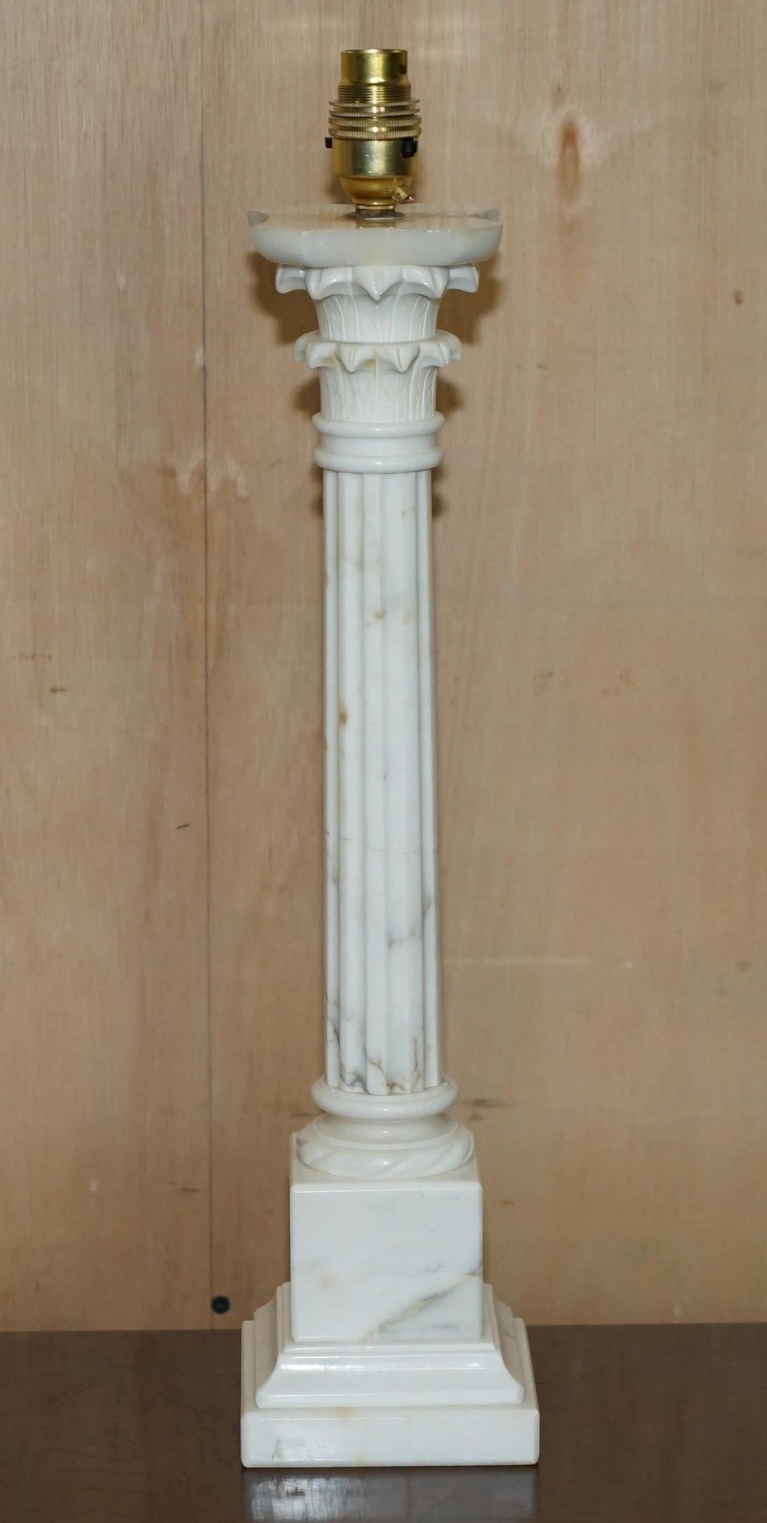 Marble LOVELY PAIR OF LARGE ViNTAGE MADE IN ITALY MARBLE CORINTHIAN PILLAR TABLE LAMPS For Sale