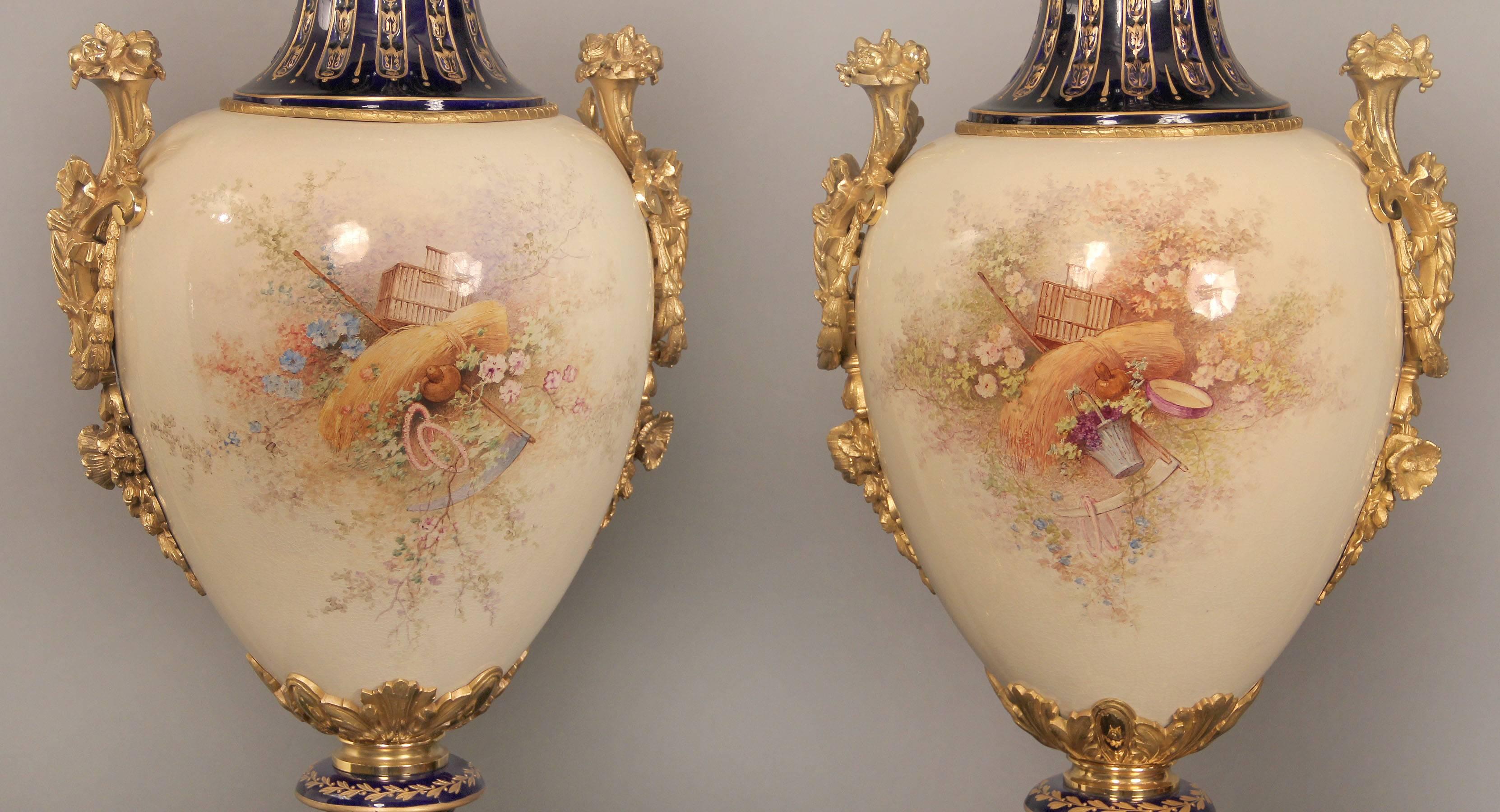 French Lovely Pair of Late 19th Century Gilt Bronze Mounted Sèvres Style Vases