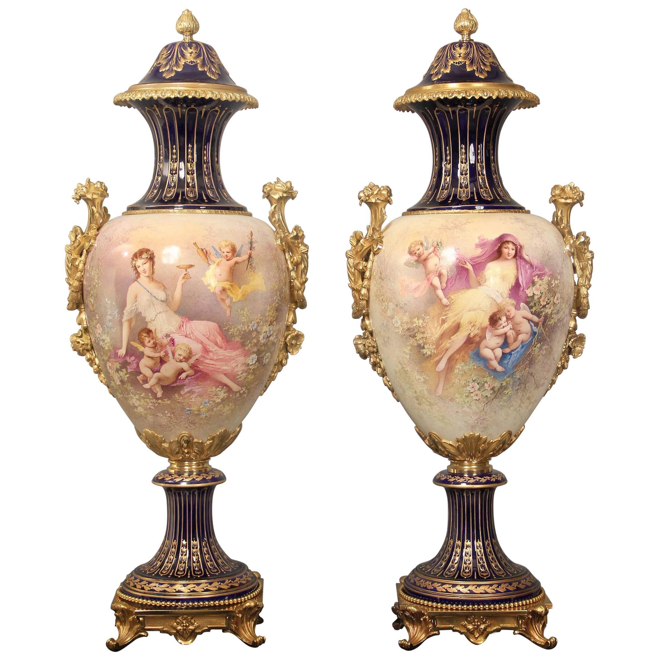 Lovely Pair of Late 19th Century Gilt Bronze Mounted Sèvres Style Vases